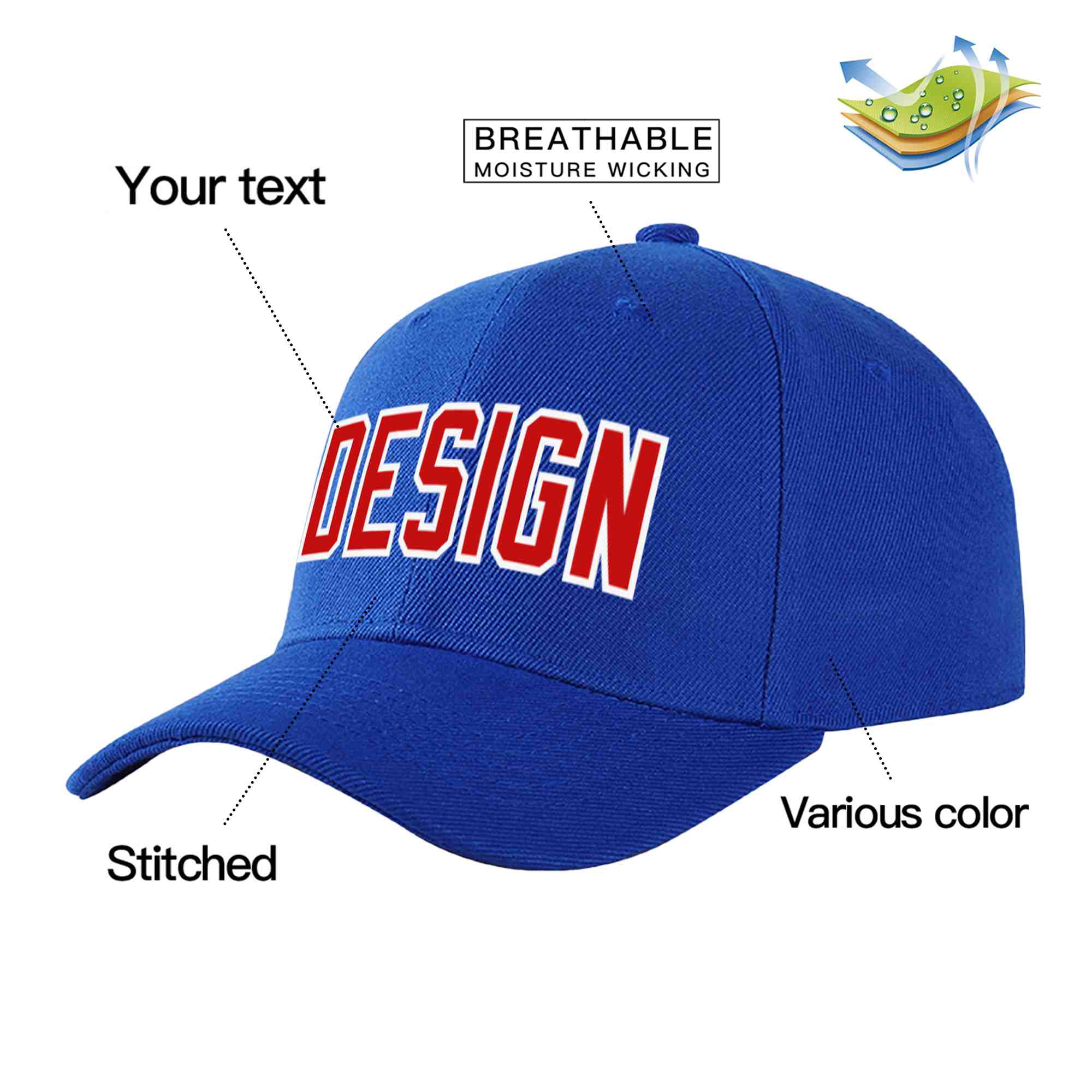 Casquette de baseball personnalisée Royal Red-White Curved Eaves Sport Design