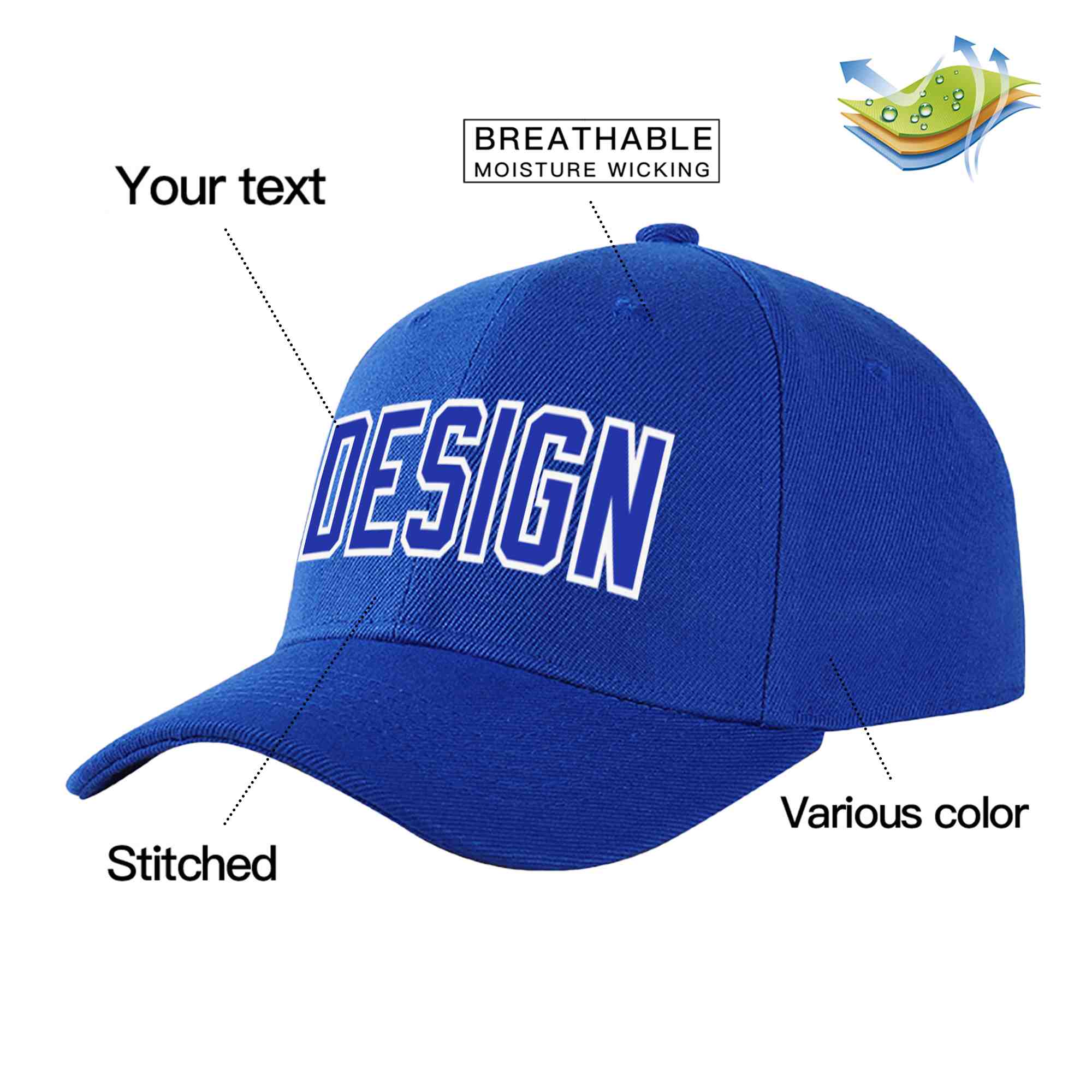 Custom Royal Royal-White Curved Eaves Sport Design Baseball Cap