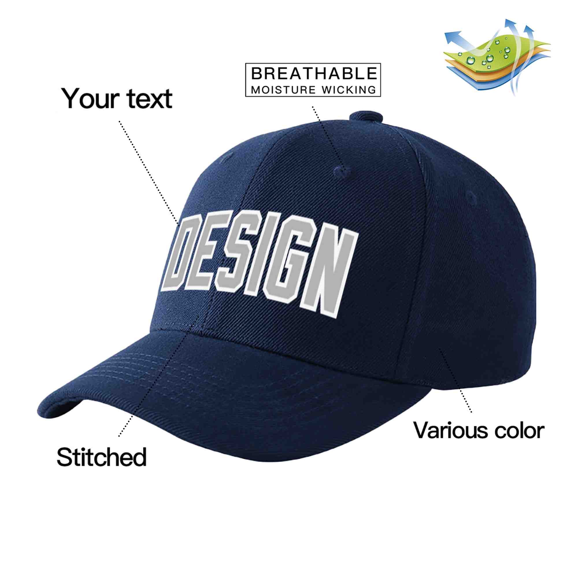 Custom Navy Gray-White Curved Eaves Sport Design Baseball Cap