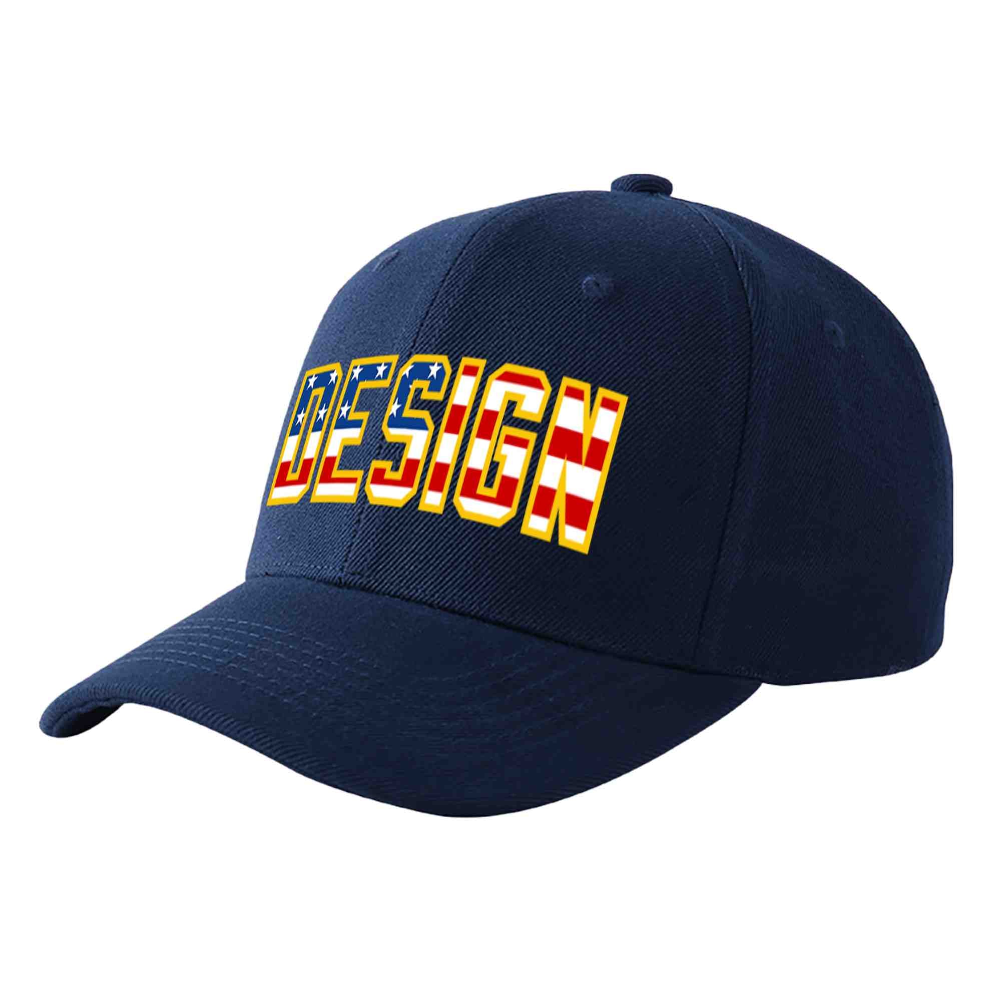 Custom Navy Vintage USA Flag-Gold Curved Eaves Sport Design Baseball Cap