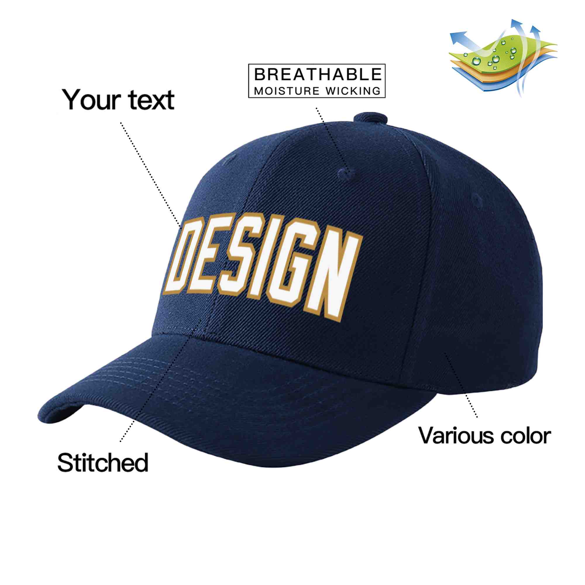 Custom Navy White-Old Gold Curved Eaves Sport Design Baseball Cap