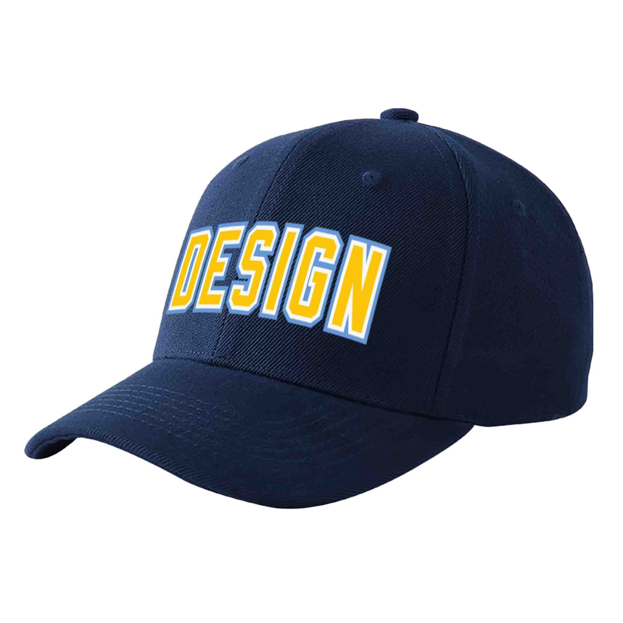 Custom Navy Gold-White Curved Eaves Sport Design Baseball Cap