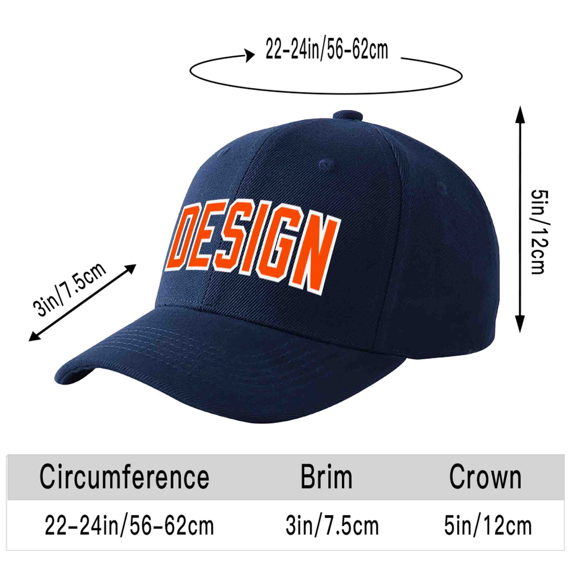 Casquette de baseball personnalisée bleu marine orange-blanc incurvée Eaves Sport Design