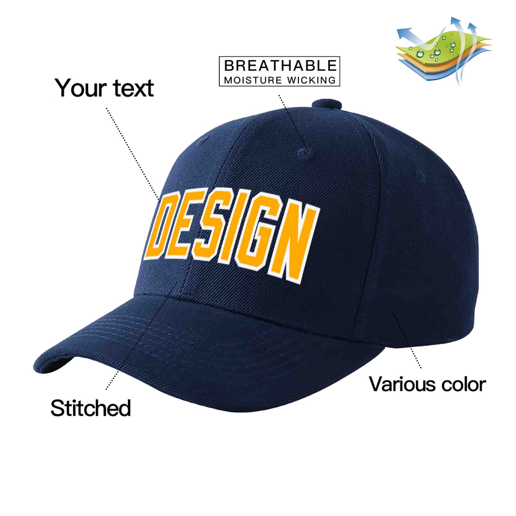 Custom Navy Yellow-White Curved Eaves Sport Design Baseball Cap