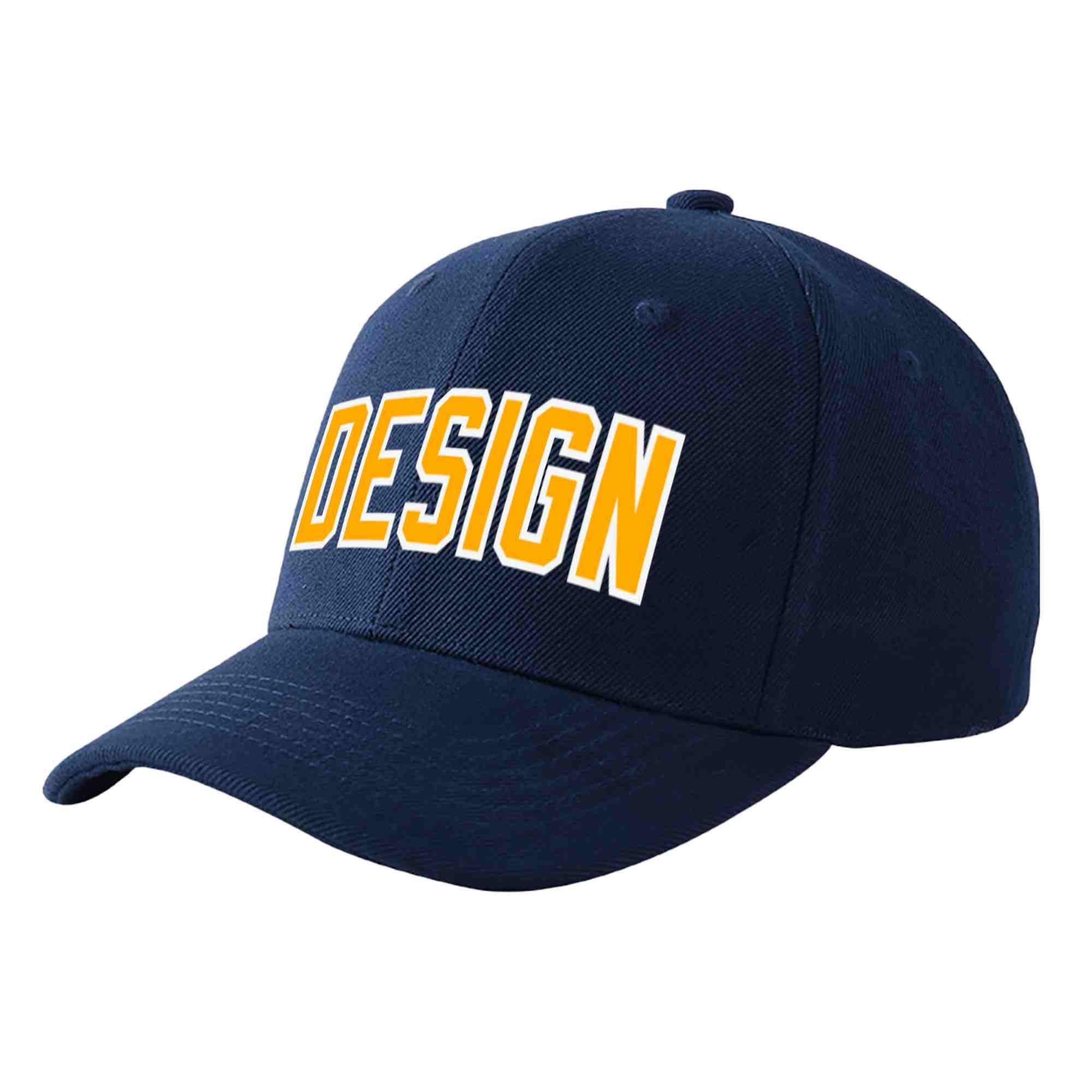 Custom Navy Yellow-White Curved Eaves Sport Design Baseball Cap