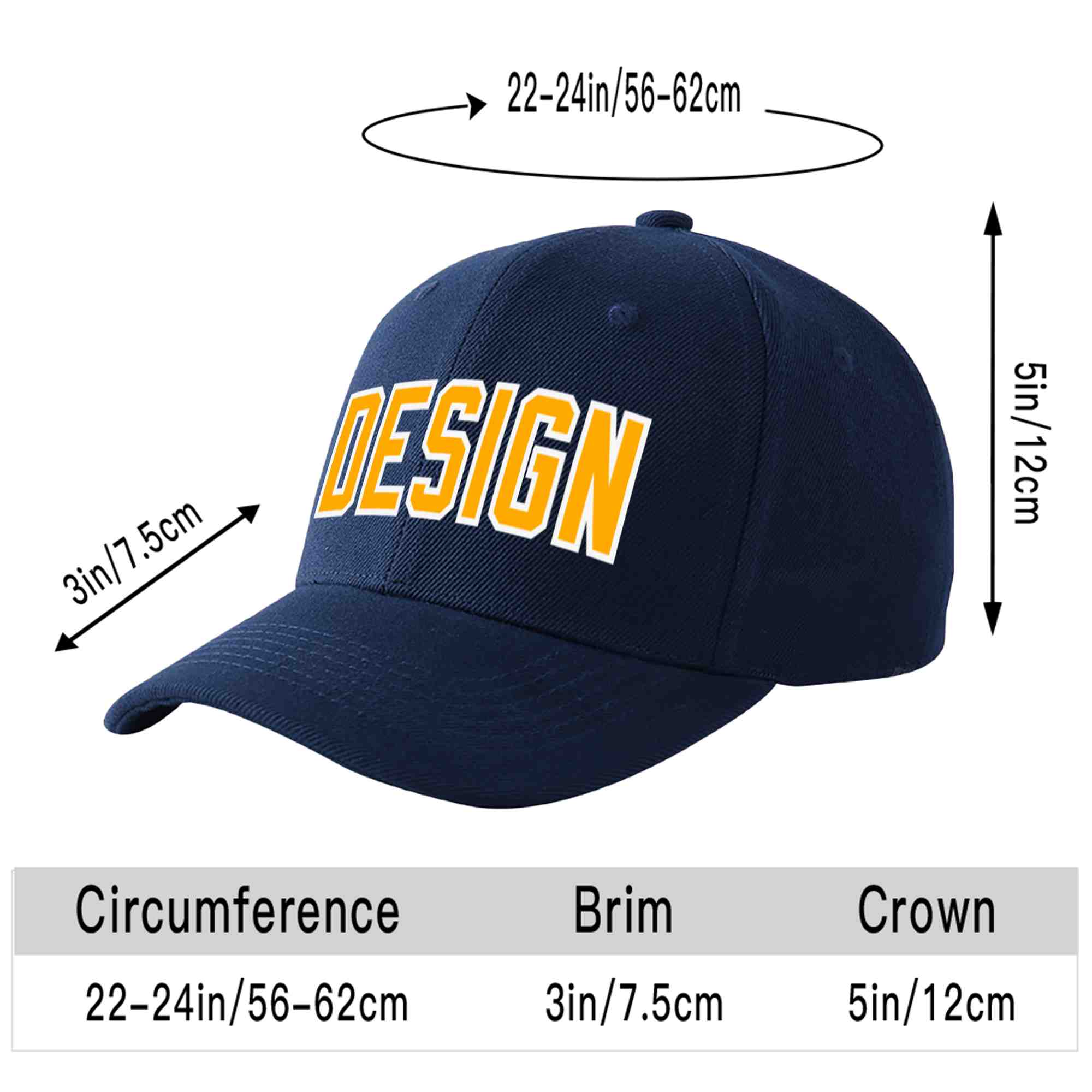 Custom Navy Yellow-White Curved Eaves Sport Design Baseball Cap