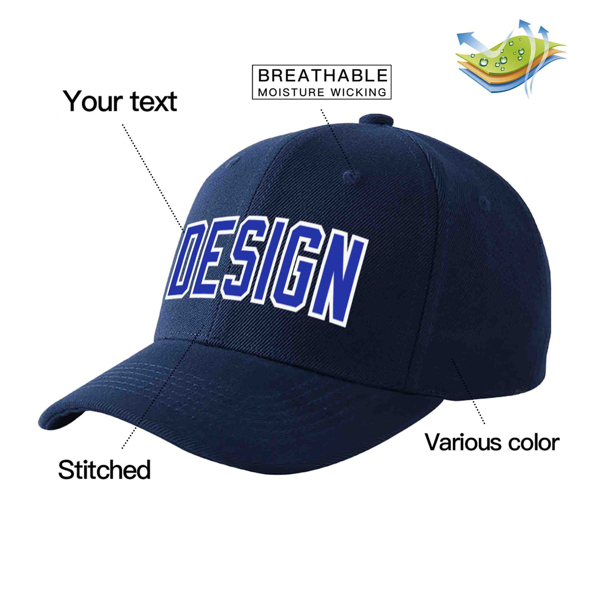 Custom Navy Royal-White Curved Eaves Sport Design Baseball Cap