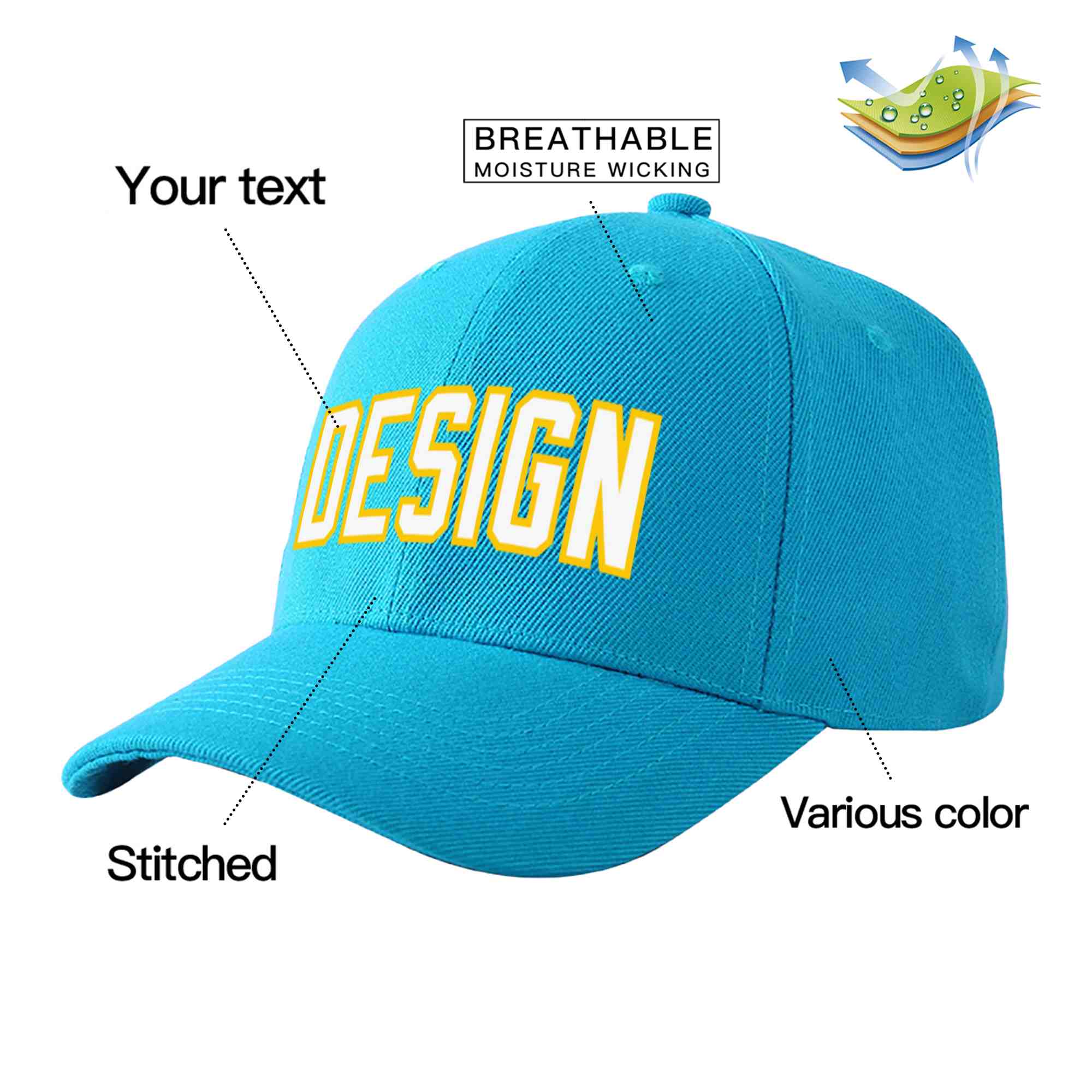 Custom Aqua White-Gold Curved Eaves Sport Design Baseball Cap