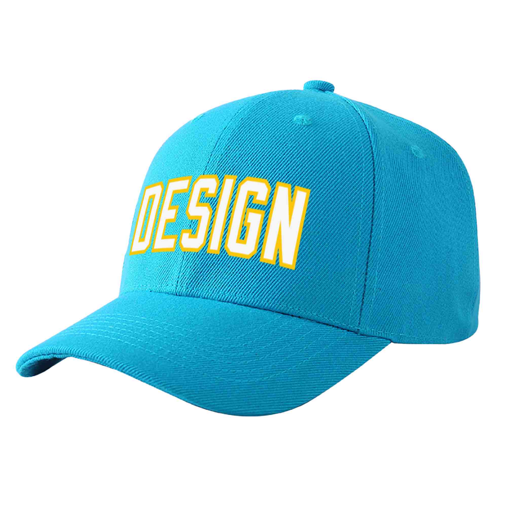 Custom Aqua White-Gold Curved Eaves Sport Design Baseball Cap