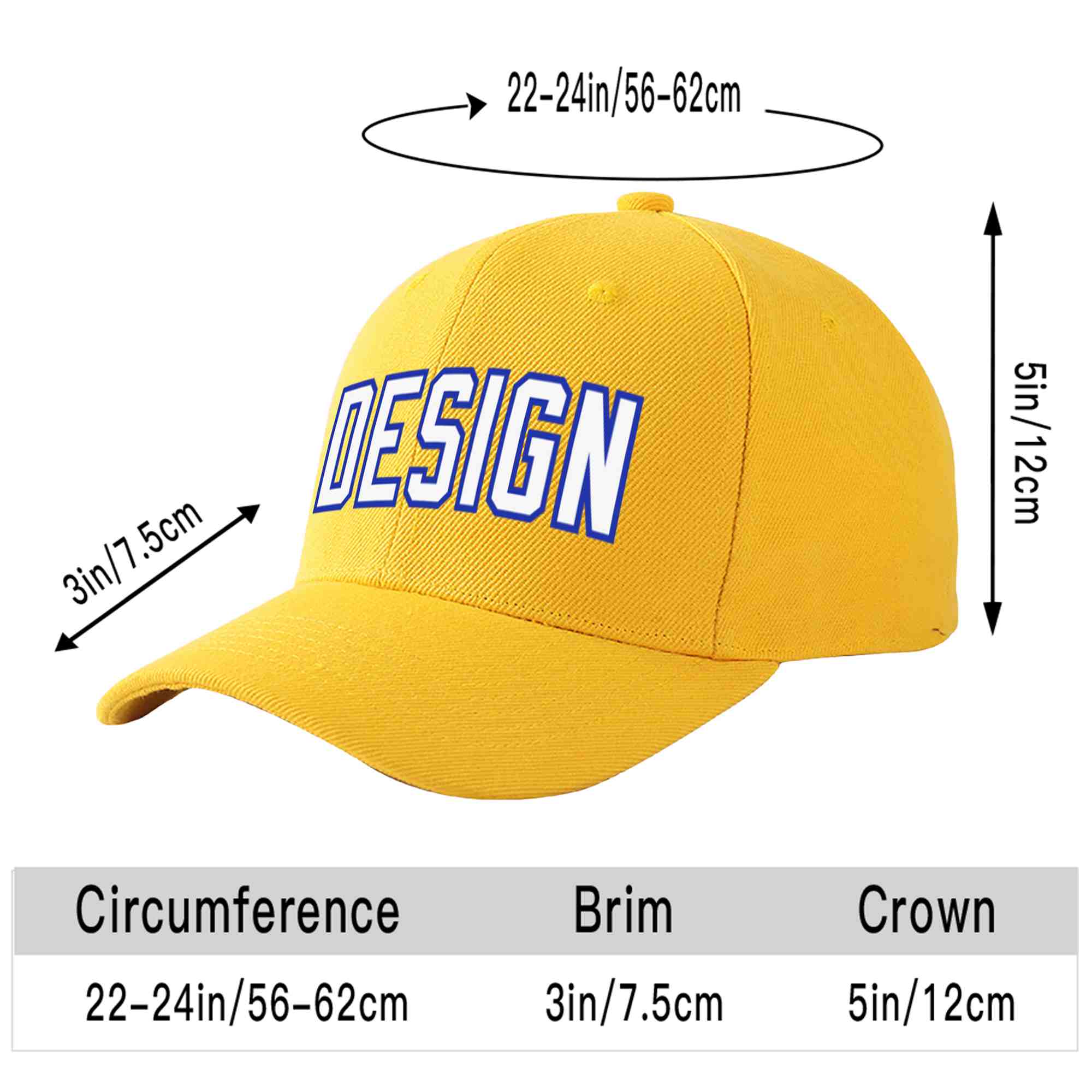 Custom Gold White-Royal Curved Eaves Sport Design Baseball Cap