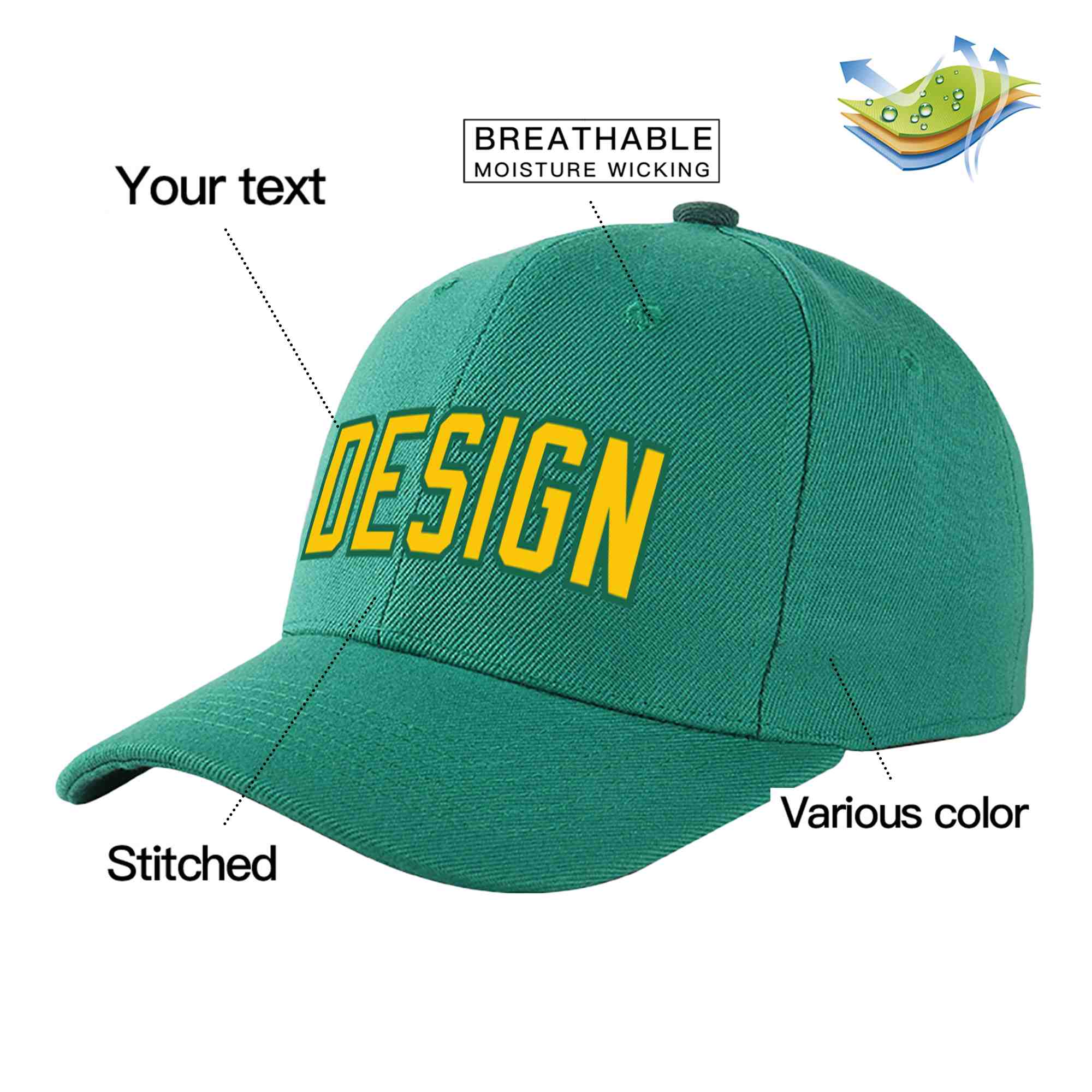 Custom Light Green Gold-Kelly Green Curved Eaves Sport Design Baseball Cap