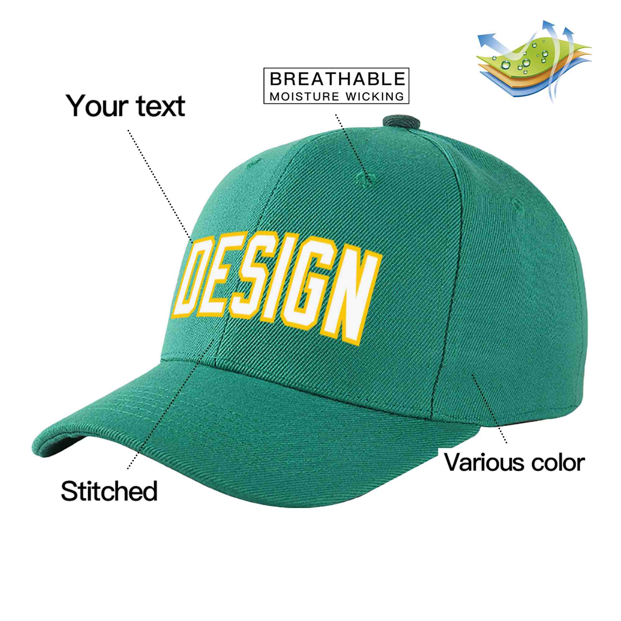 Custom Light Green White-Gold Curved Eaves Sport Design Baseball Cap