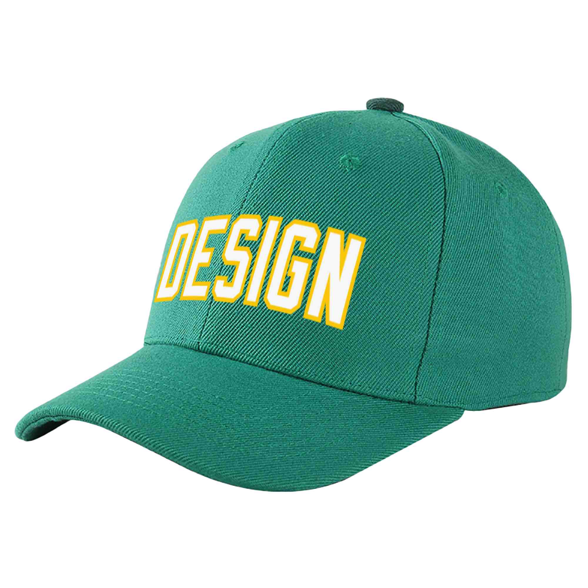 Custom Light Green White-Gold Curved Eaves Sport Design Baseball Cap