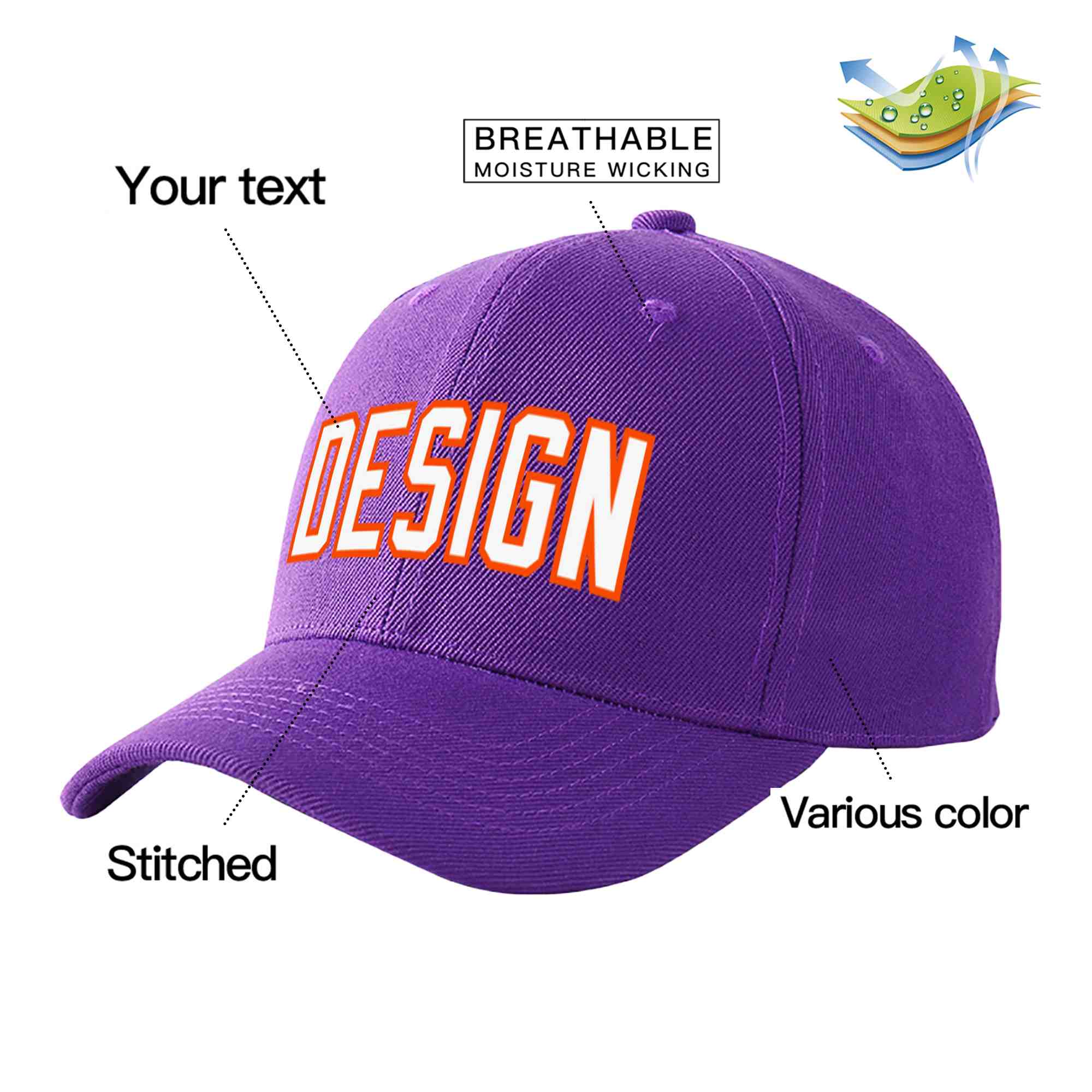 Casquette de baseball personnalisée, violet, blanc et orange, design sportif, avec avant-toit incurvé