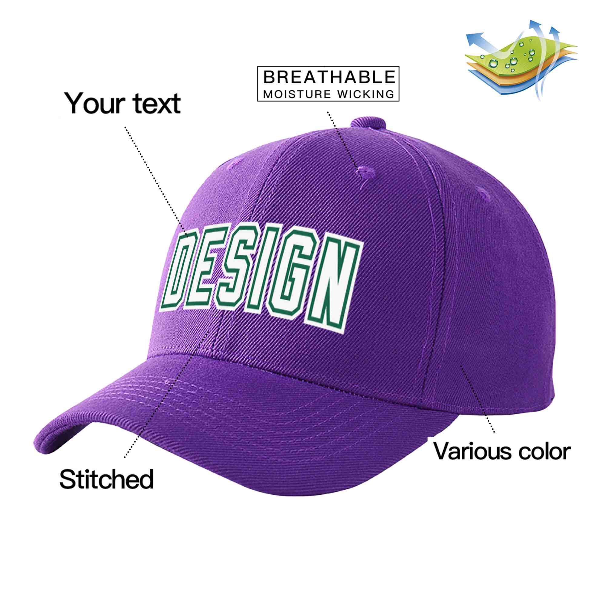 Casquette de baseball personnalisée violet blanc-vert Kelly incurvée Eaves Sport Design