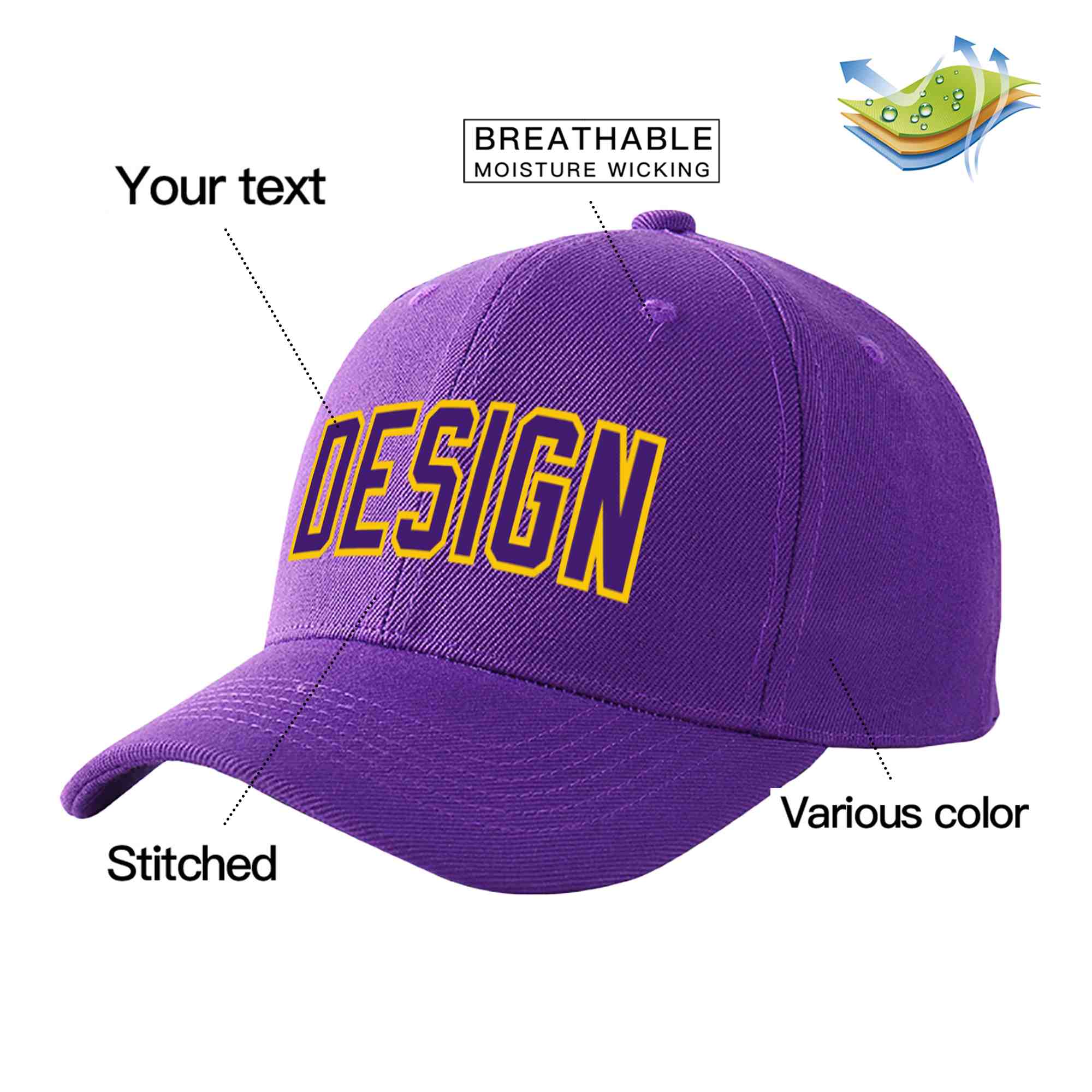 Casquette de baseball personnalisée violet violet-or courbée Eaves Sport Design