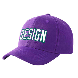 Custom Purple White-Aqua Curved Eaves Sport Design Baseball Cap