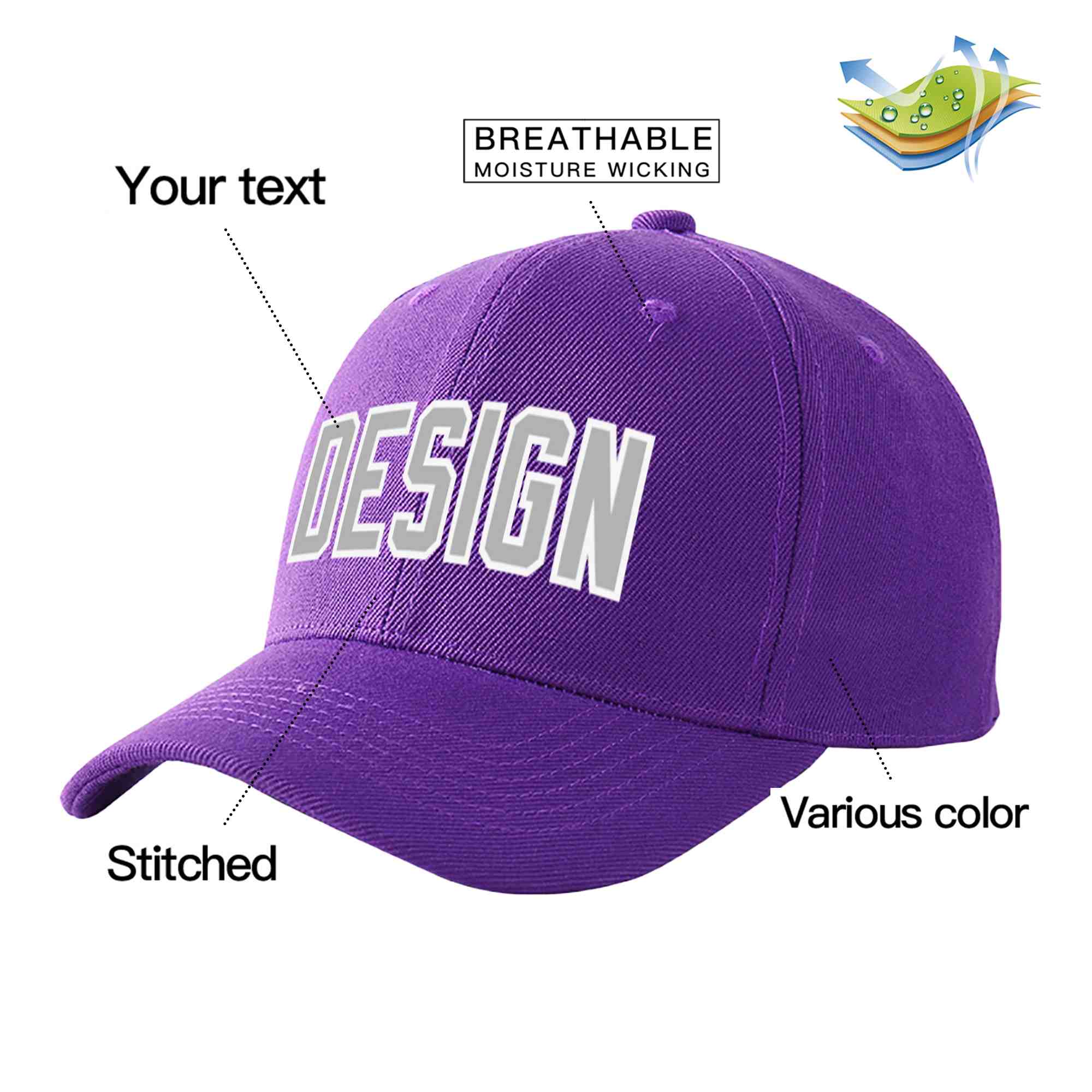 Casquette de baseball personnalisée, violet, gris-blanc, courbée, design sportif