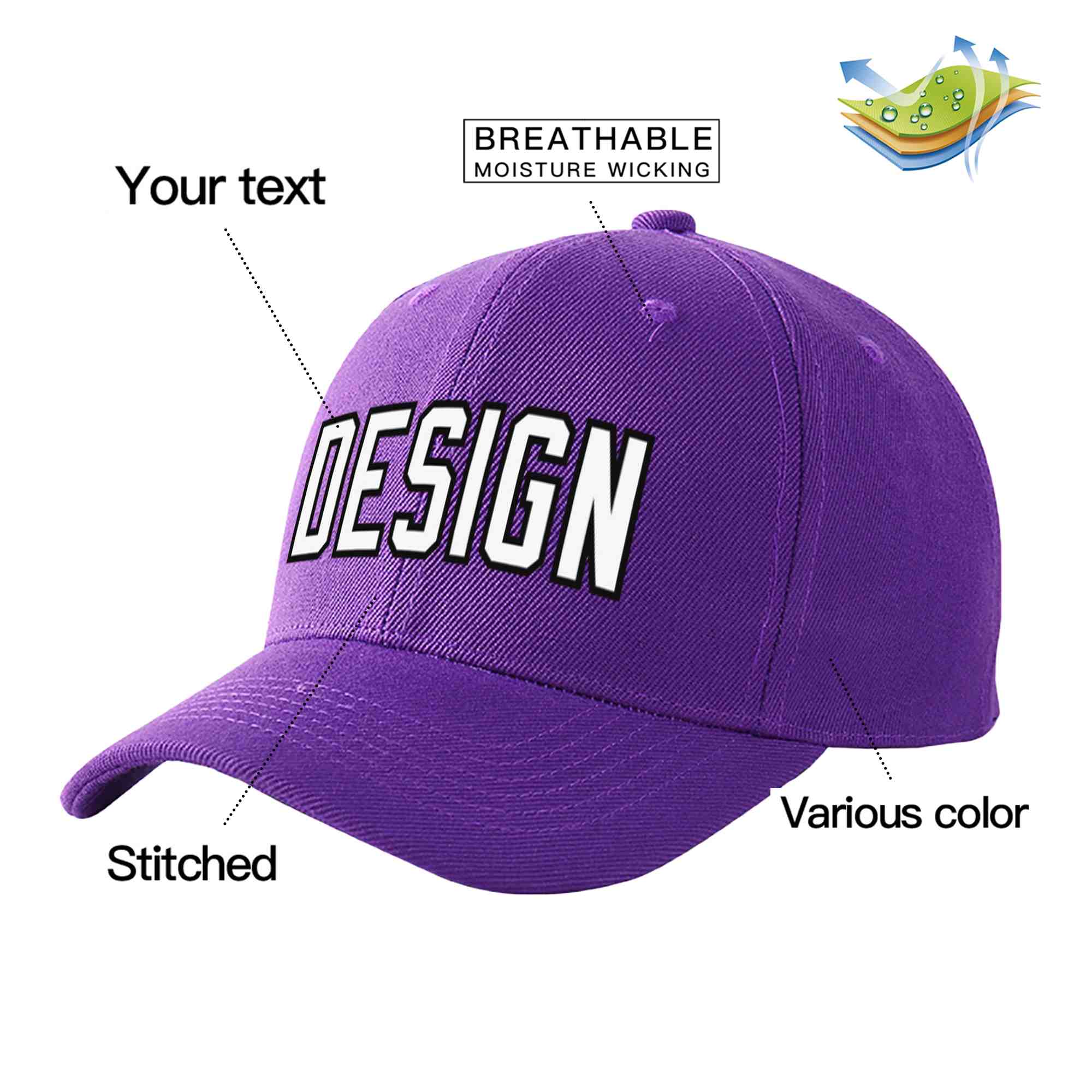 Casquette de baseball personnalisée violet blanc-noir incurvée Eaves Sport Design