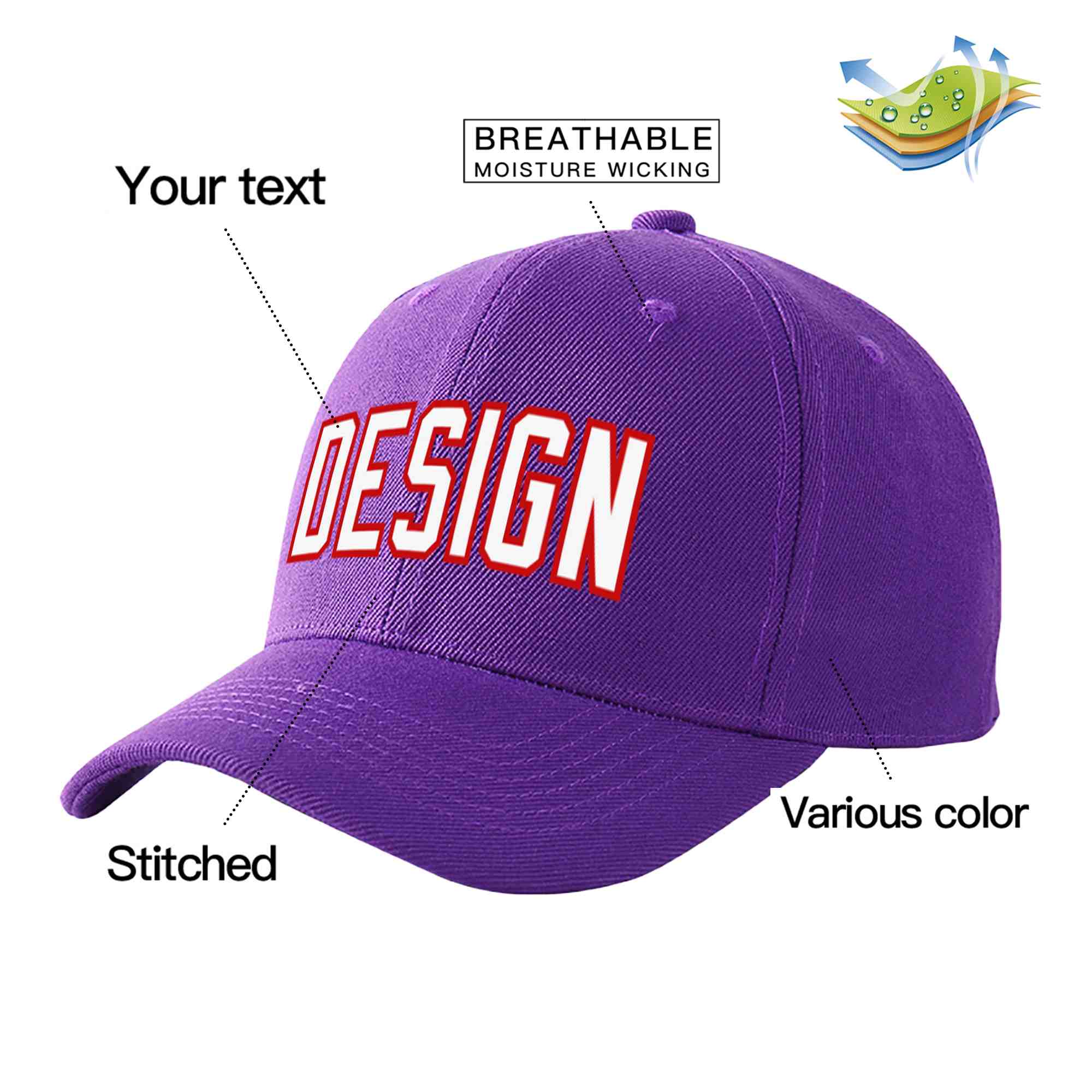 Casquette de baseball personnalisée violet blanc-rouge avec avant-toit incurvé