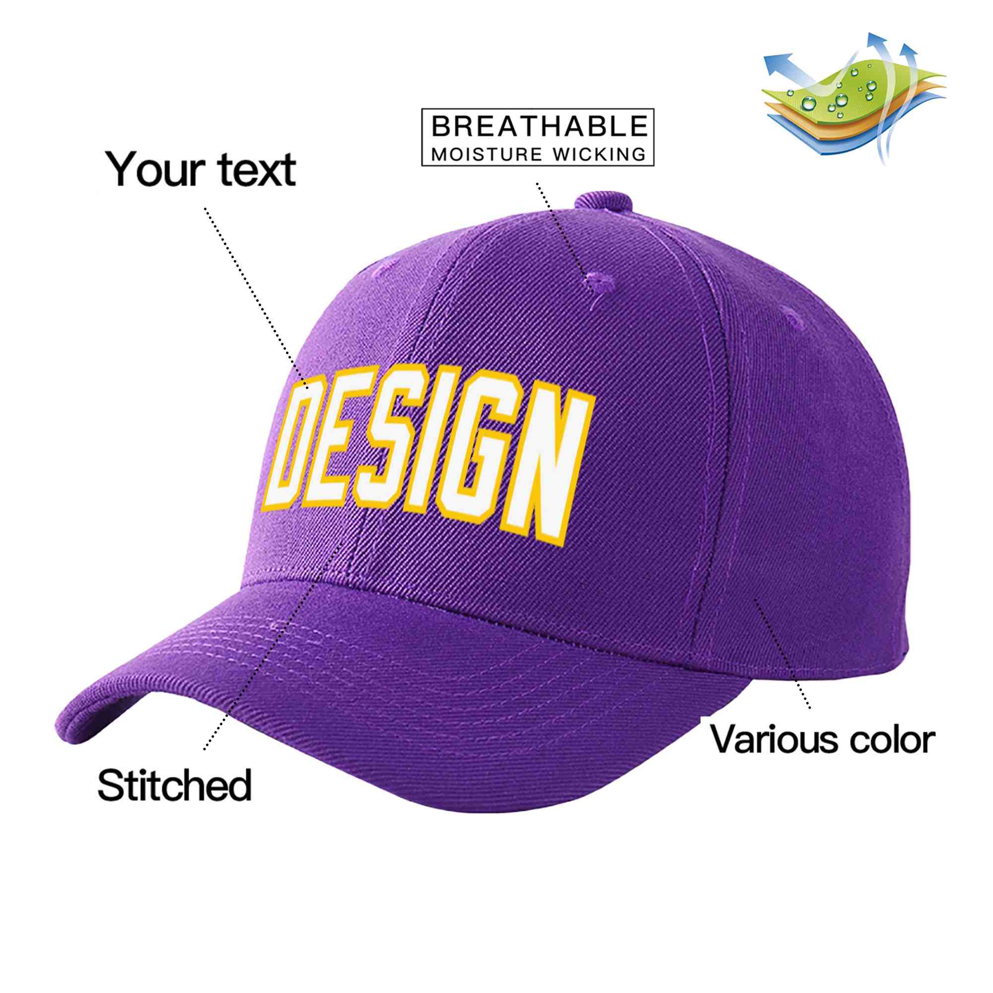 Casquette de baseball personnalisée violet blanc-or incurvée Eaves Sport Design