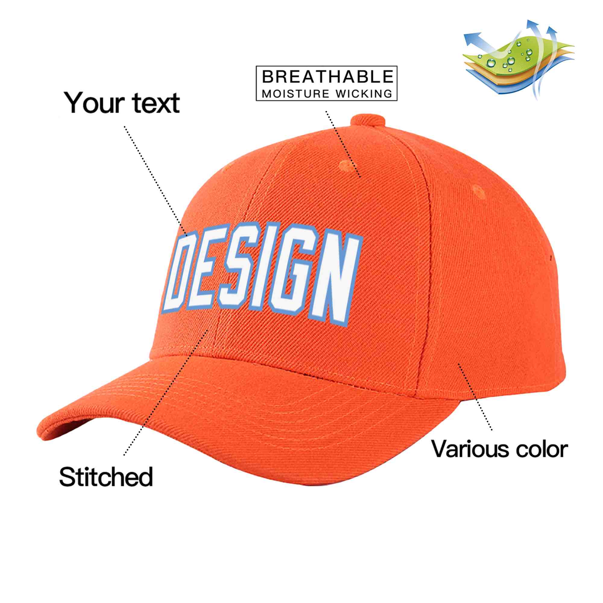 Custom Tangerine White-Light Blue Curved Eaves Sport Design Baseball Cap