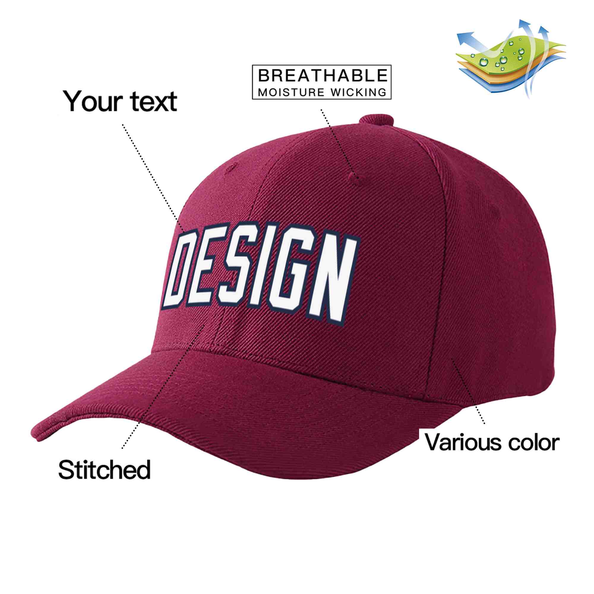 Custom Red Wine White-Navy Curved Eaves Sport Design Baseball Cap