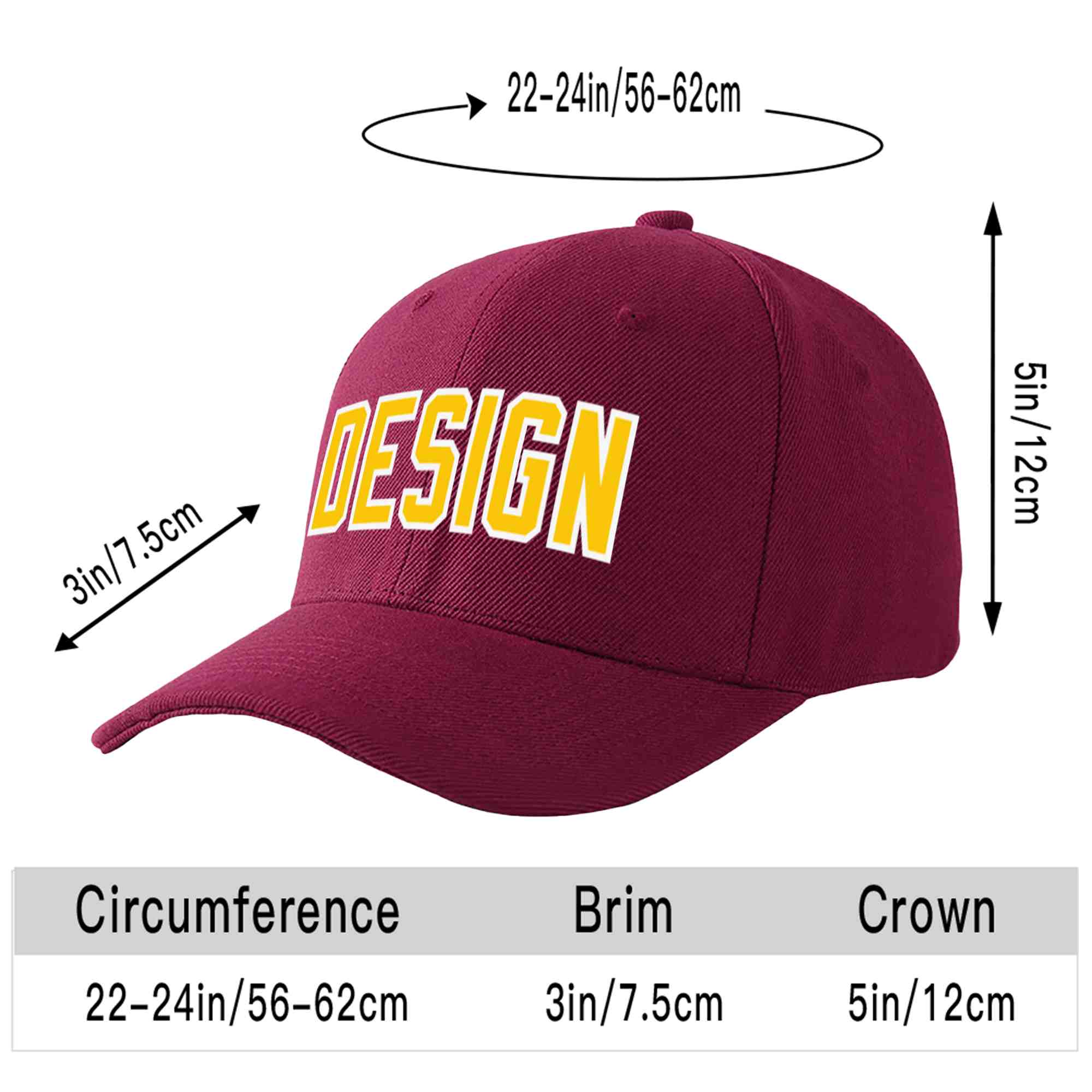 Custom Red Wine Gold-White Curved Eaves Sport Design Baseball Cap