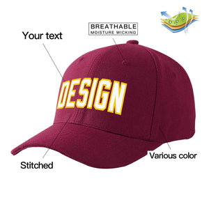 Custom Red Wine White-Gold Curved Eaves Sport Design Baseball Cap