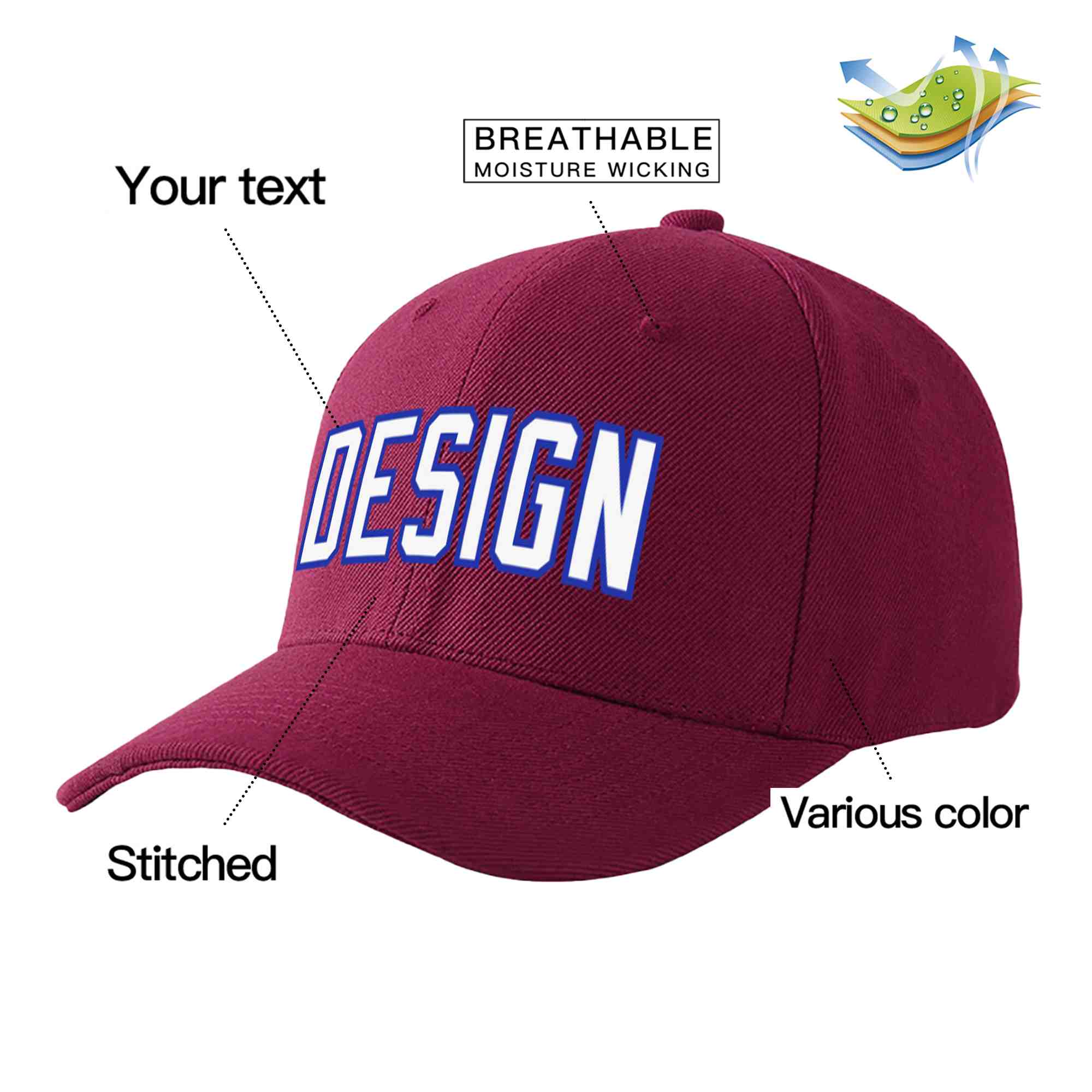 Custom Red Wine White-Royal Curved Eaves Sport Design Baseball Cap