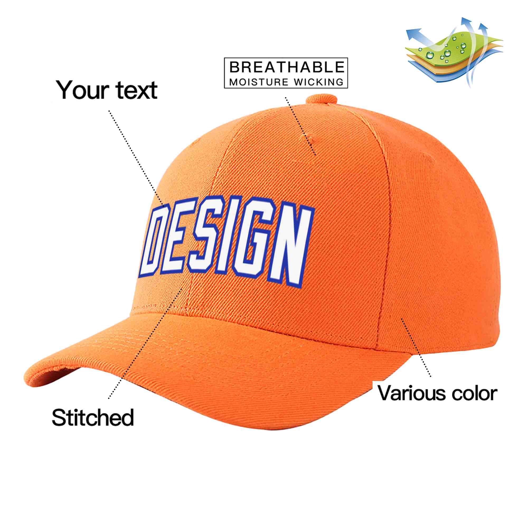 Custom Orange White-Royal Curved Eaves Sport Design Baseball Cap