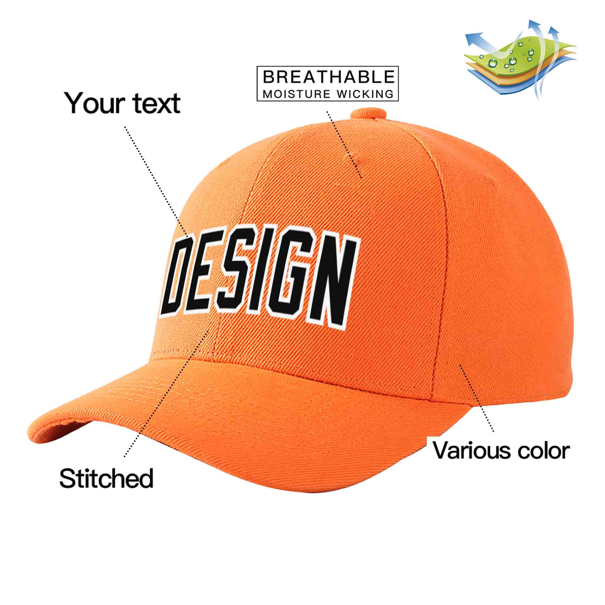 Custom Orange Black-White Curved Eaves Sport Design Baseball Cap