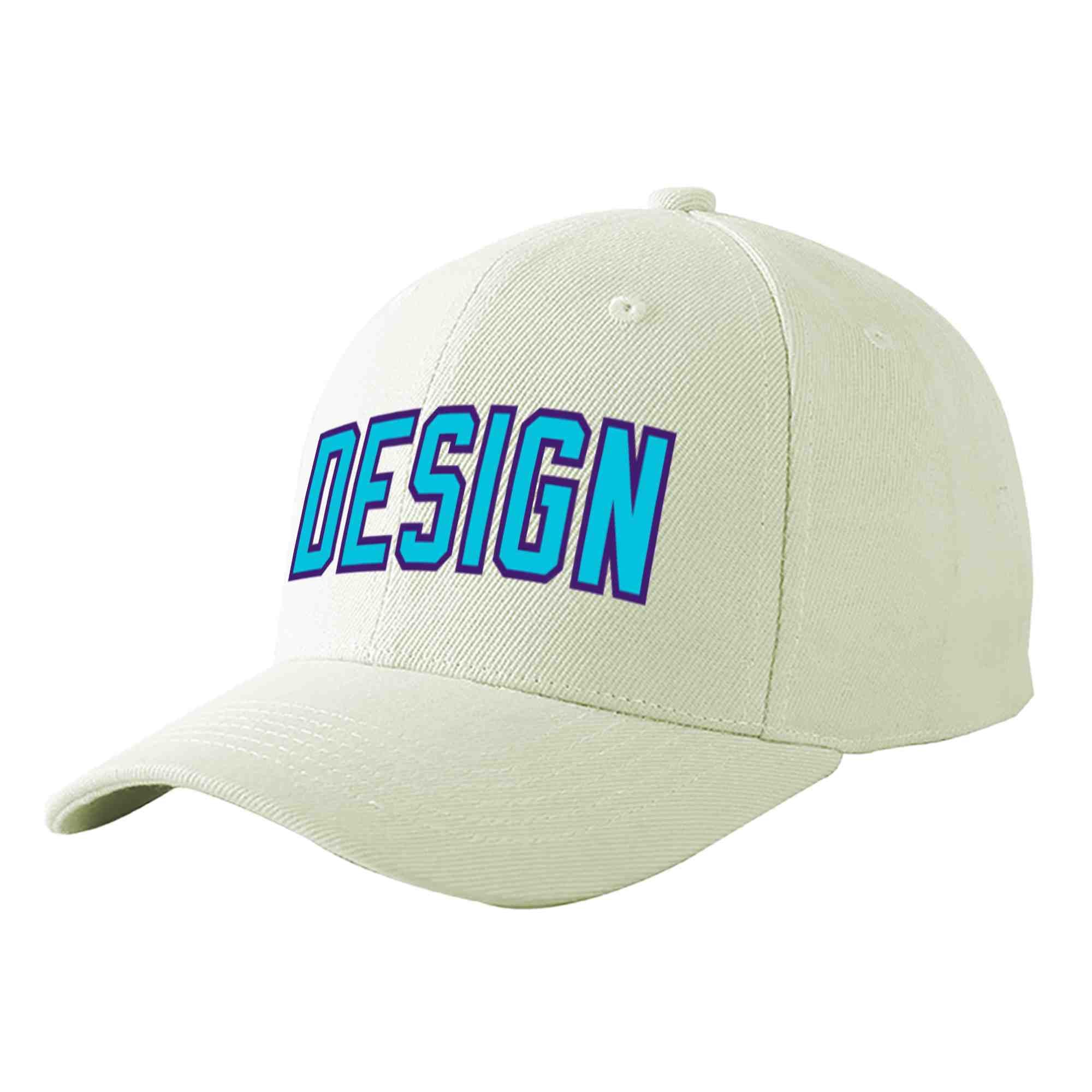 Custom Cream Light Blue-Purple Curved Eaves Sport Design Baseball Cap