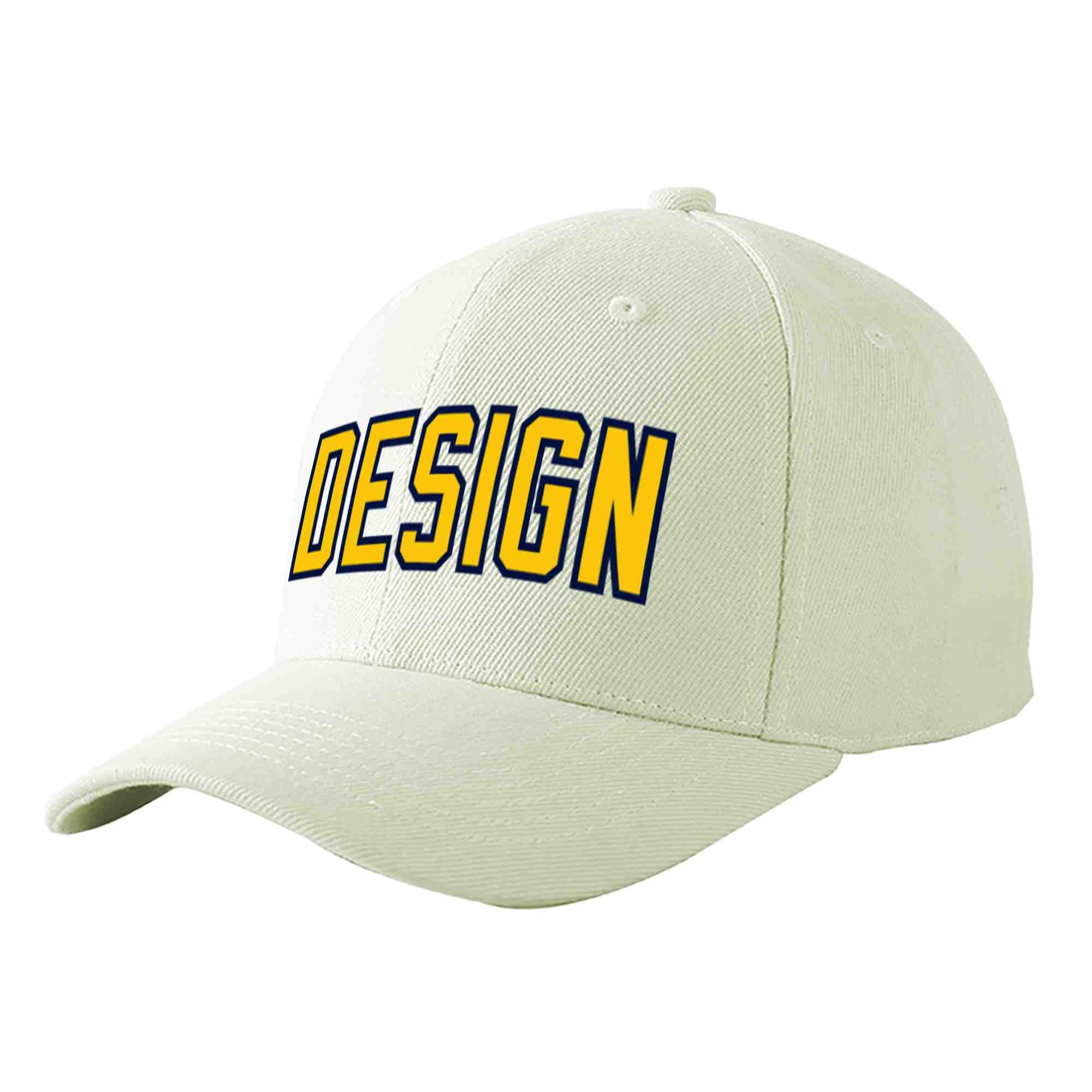 Custom Cream Gold-Navy Curved Eaves Sport Design Baseball Cap