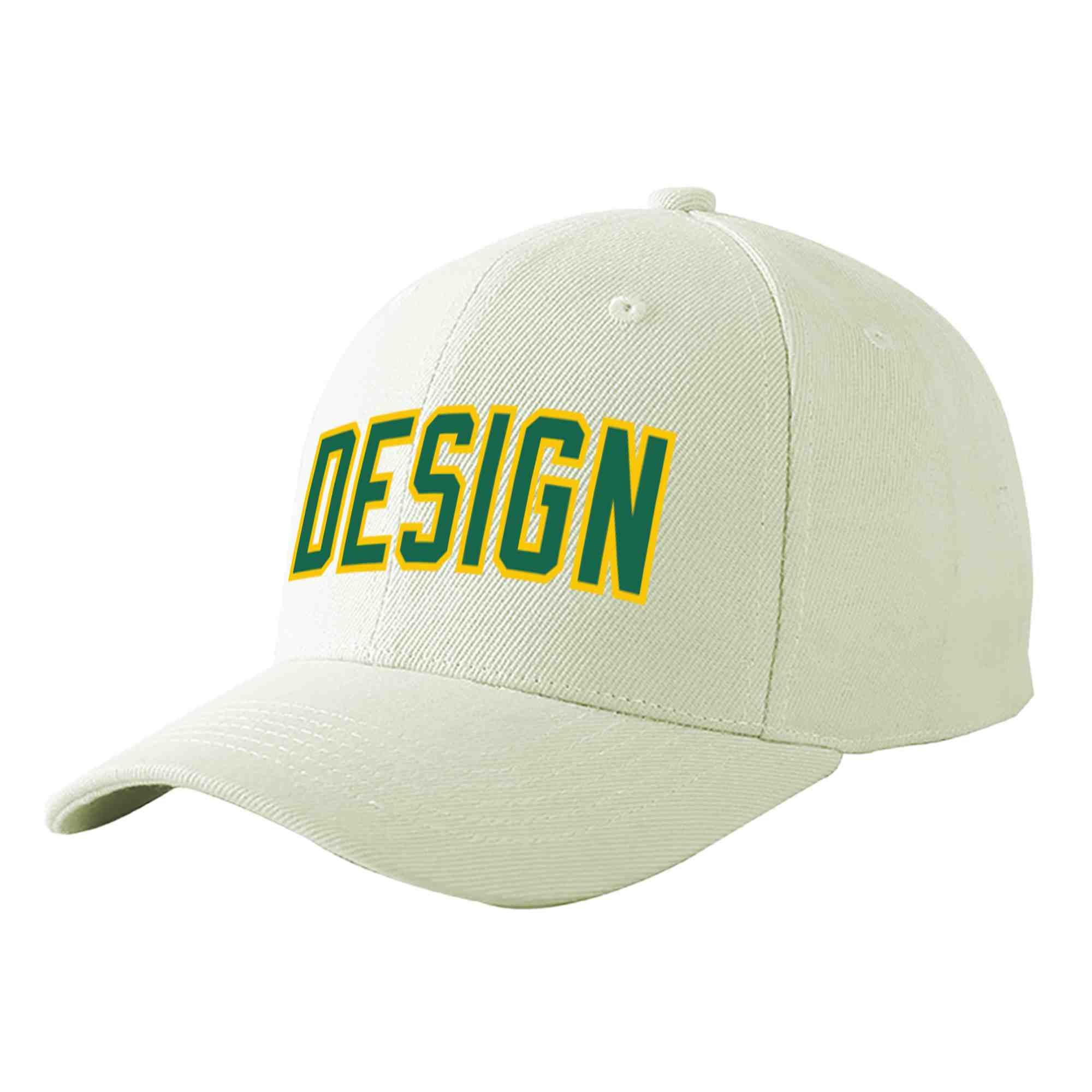 Custom Cream Kelly Green-Gold Curved Eaves Sport Design Baseball Cap