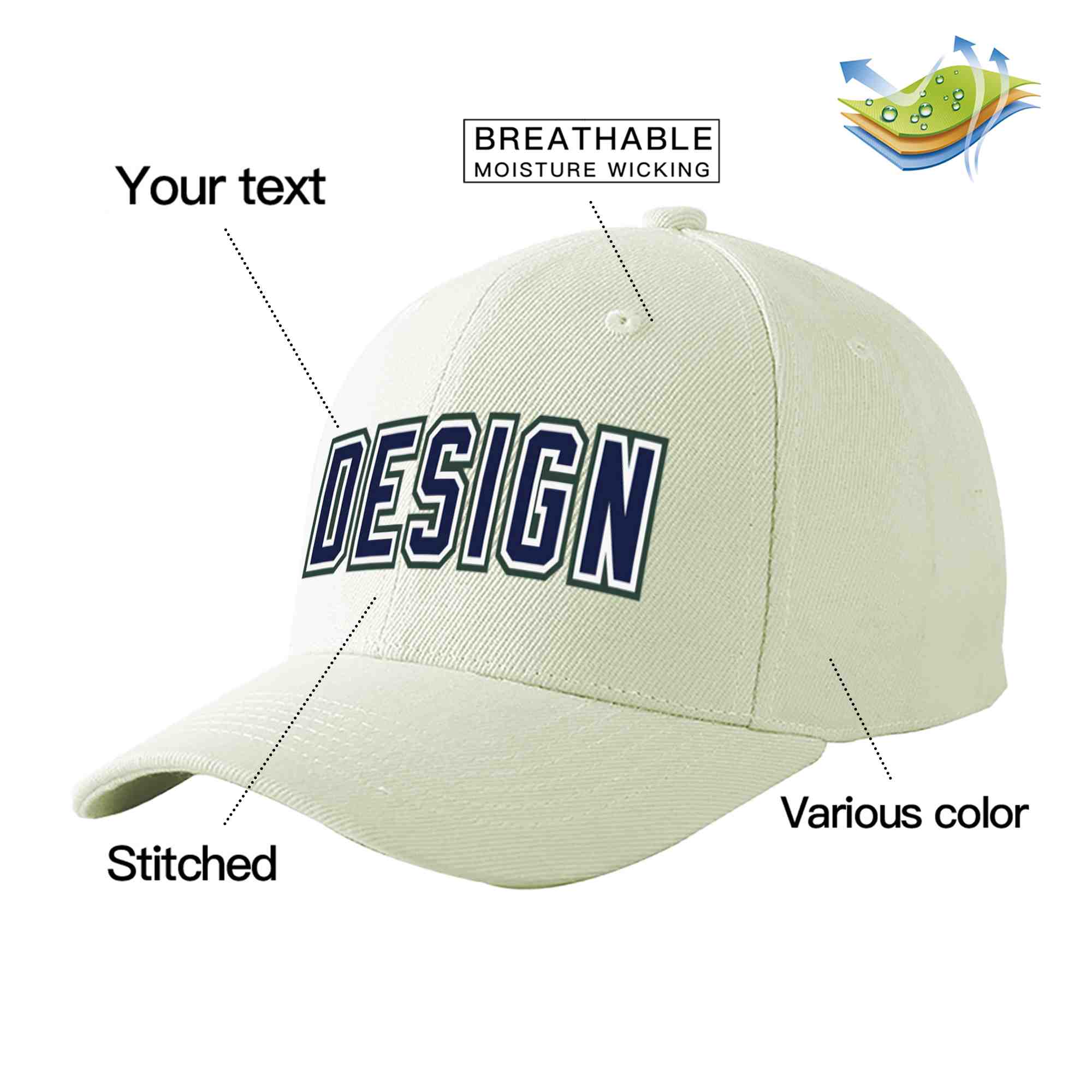 Casquette de baseball incurvée Eaves Sport Design crème personnalisée bleu marine-blanc