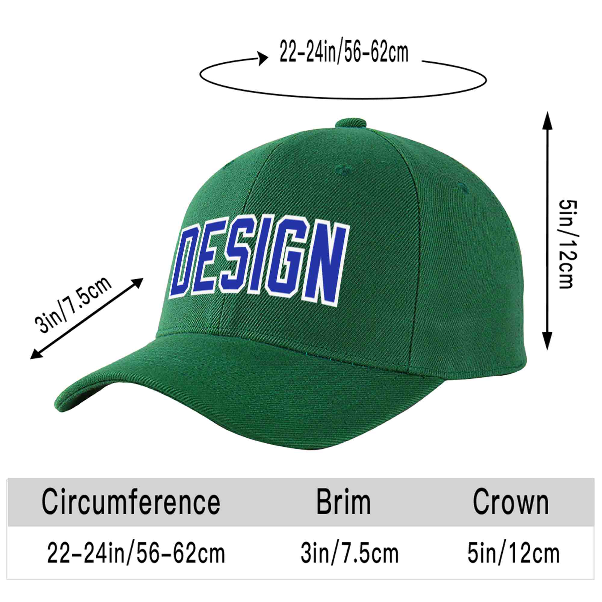 Custom Green Royal-White Curved Eaves Sport Design Baseball Cap