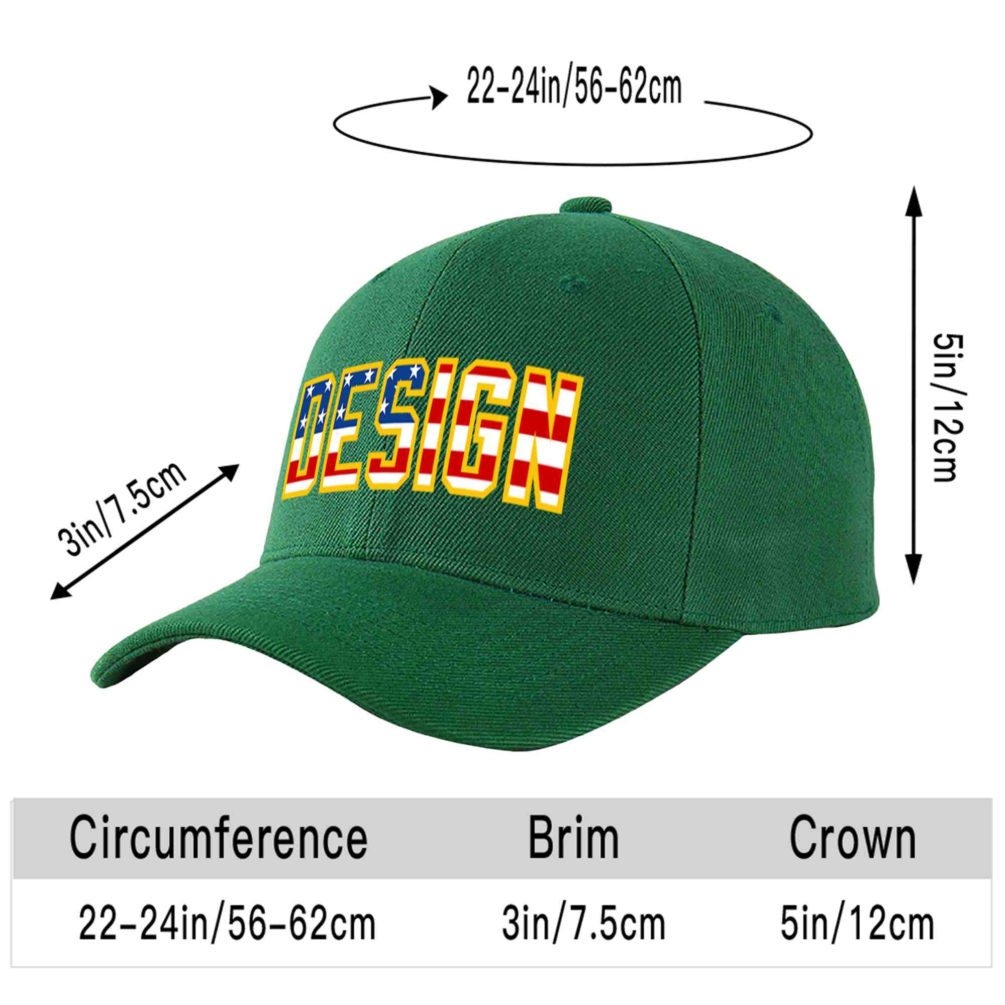 Custom Green Vintage USA Flag-Gold Curved Eaves Sport Design Baseball Cap