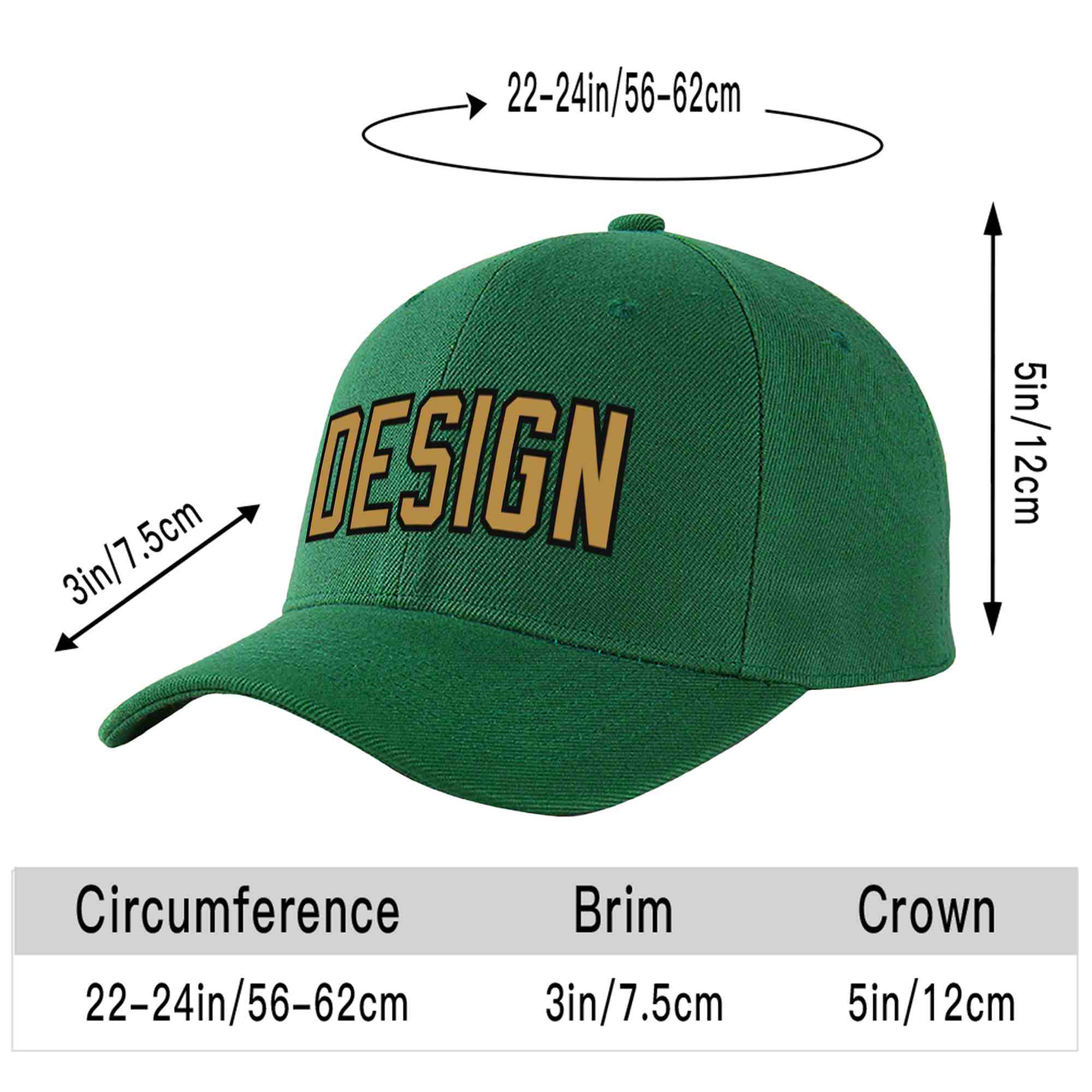 Custom Green Old Gold-Black Curved Eaves Sport Design Baseball Cap