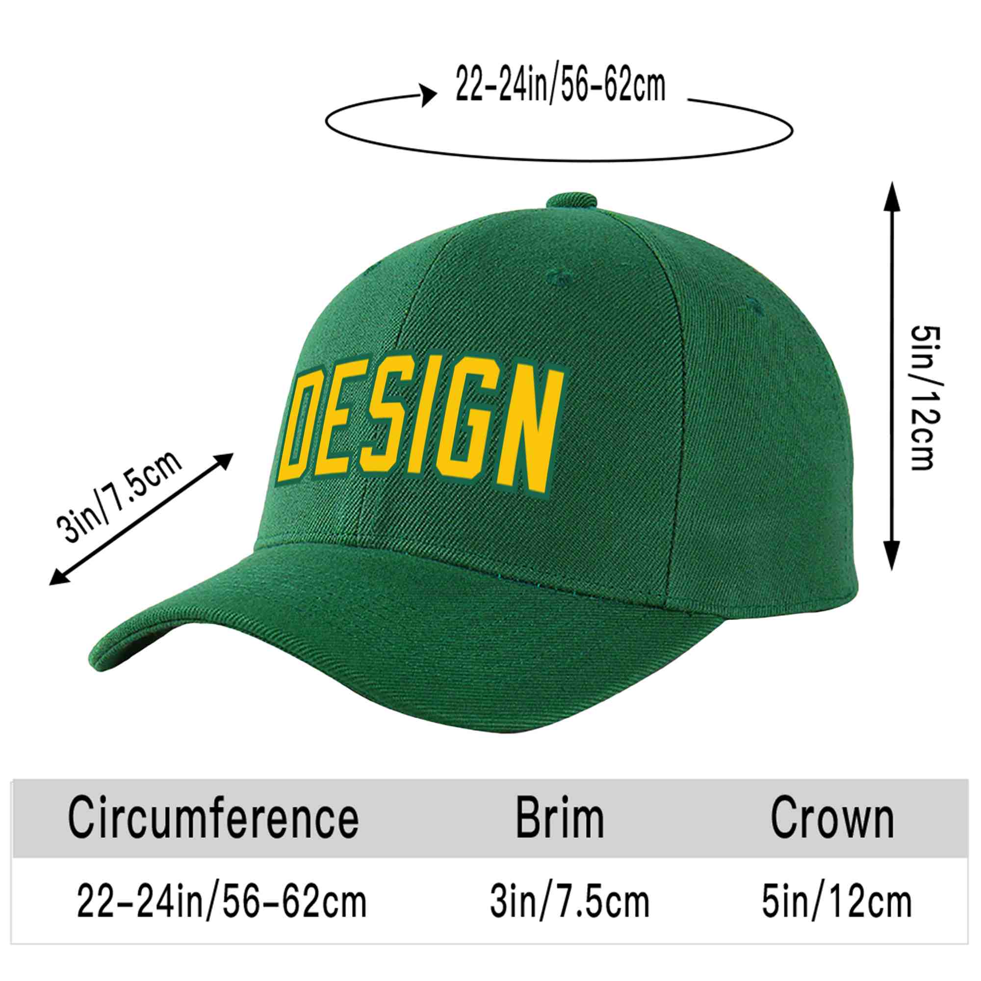 Custom Green Gold-Kelly Green Curved Eaves Sport Design Baseball Cap