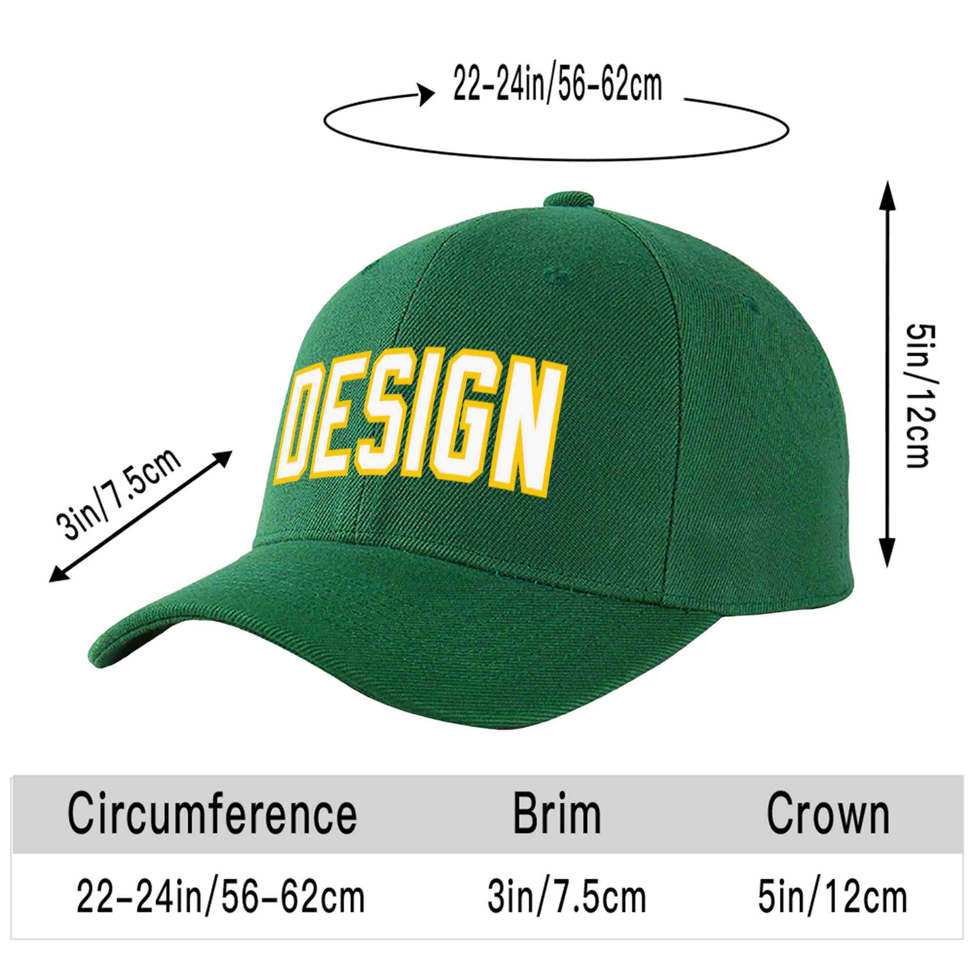 Custom Green White-Gold Curved Eaves Sport Design Baseball Cap