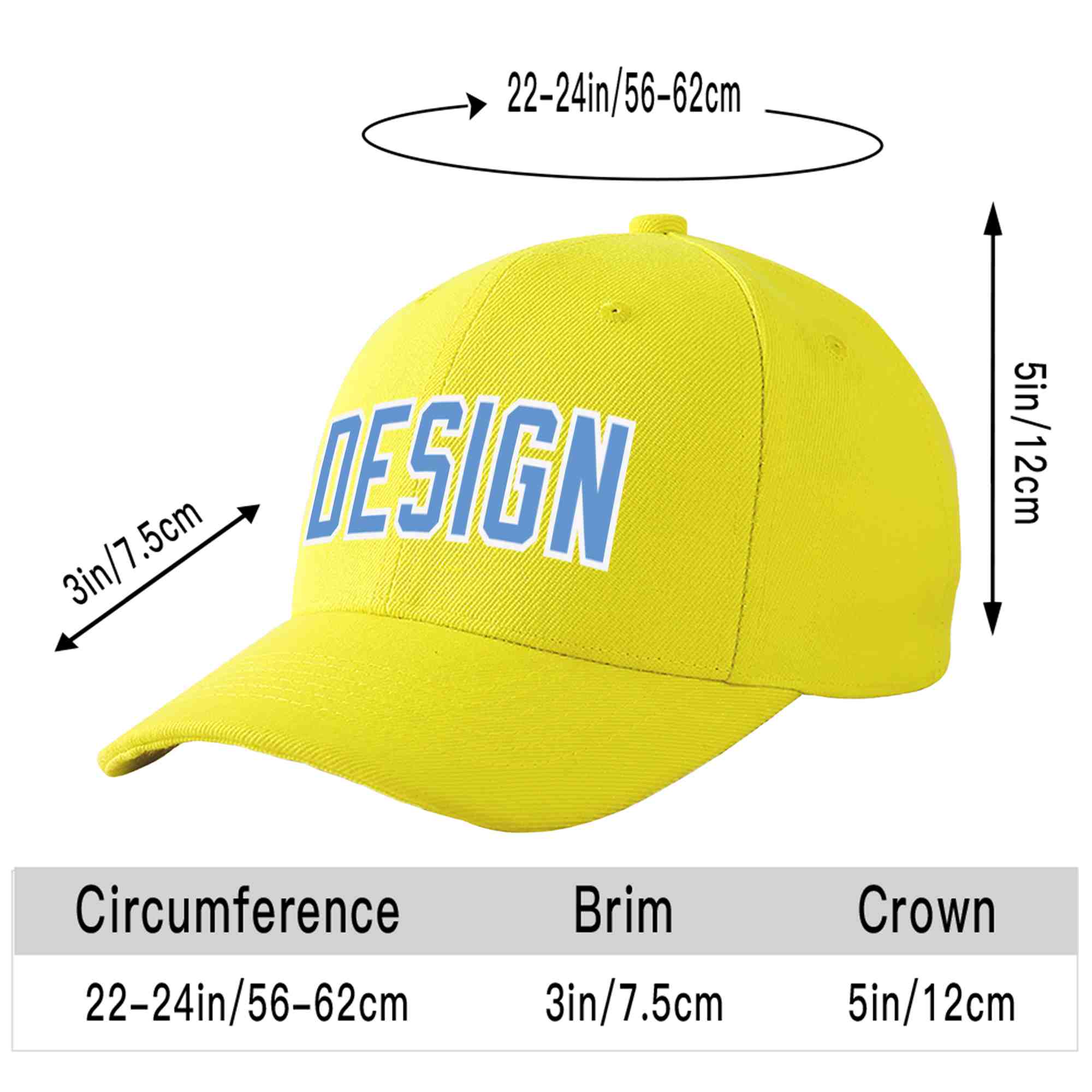 Casquette de baseball incurvée personnalisée jaune bleu clair-blanc avec avant-toit