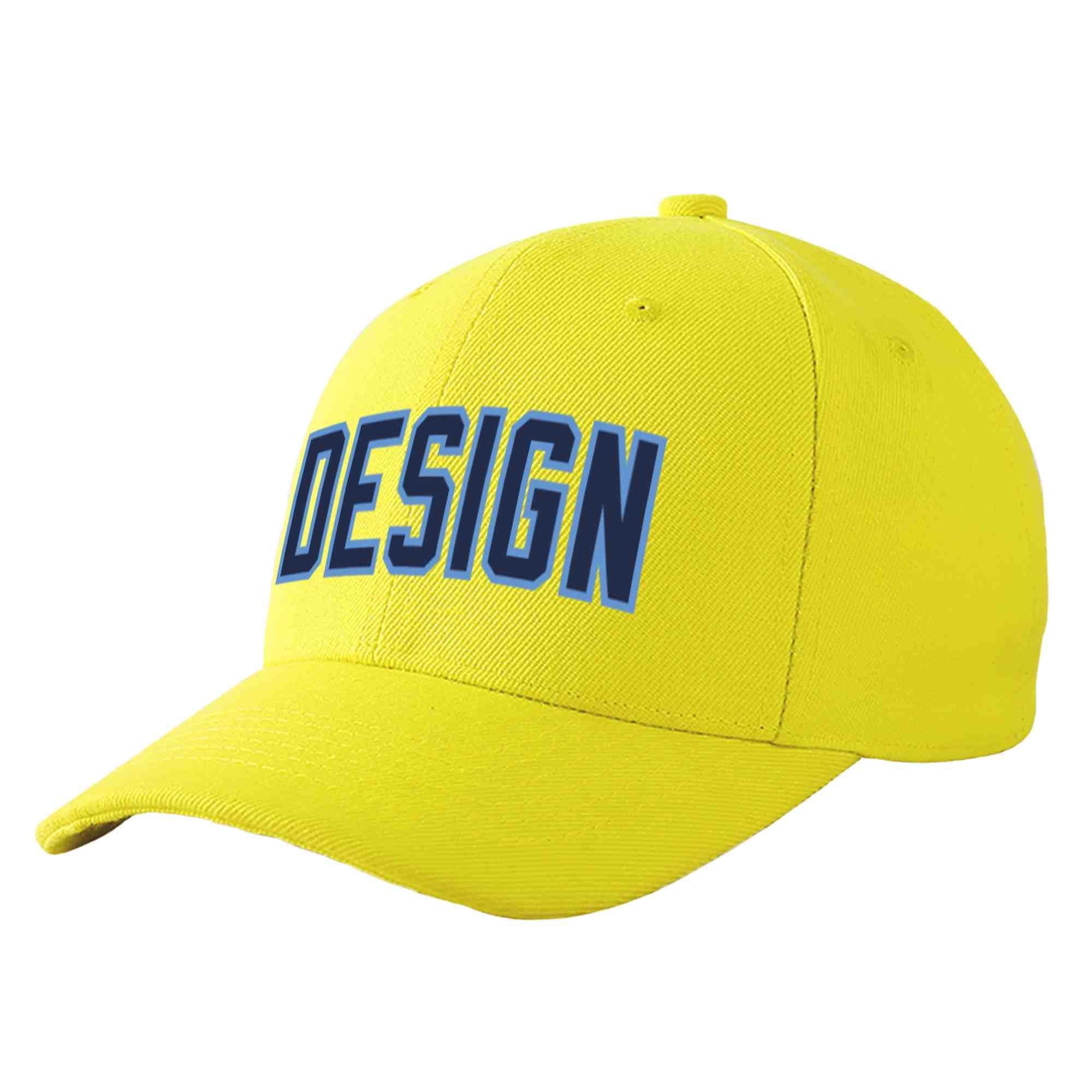 Custom Yellow Navy-Light Blue Curved Eaves Sport Design Baseball Cap