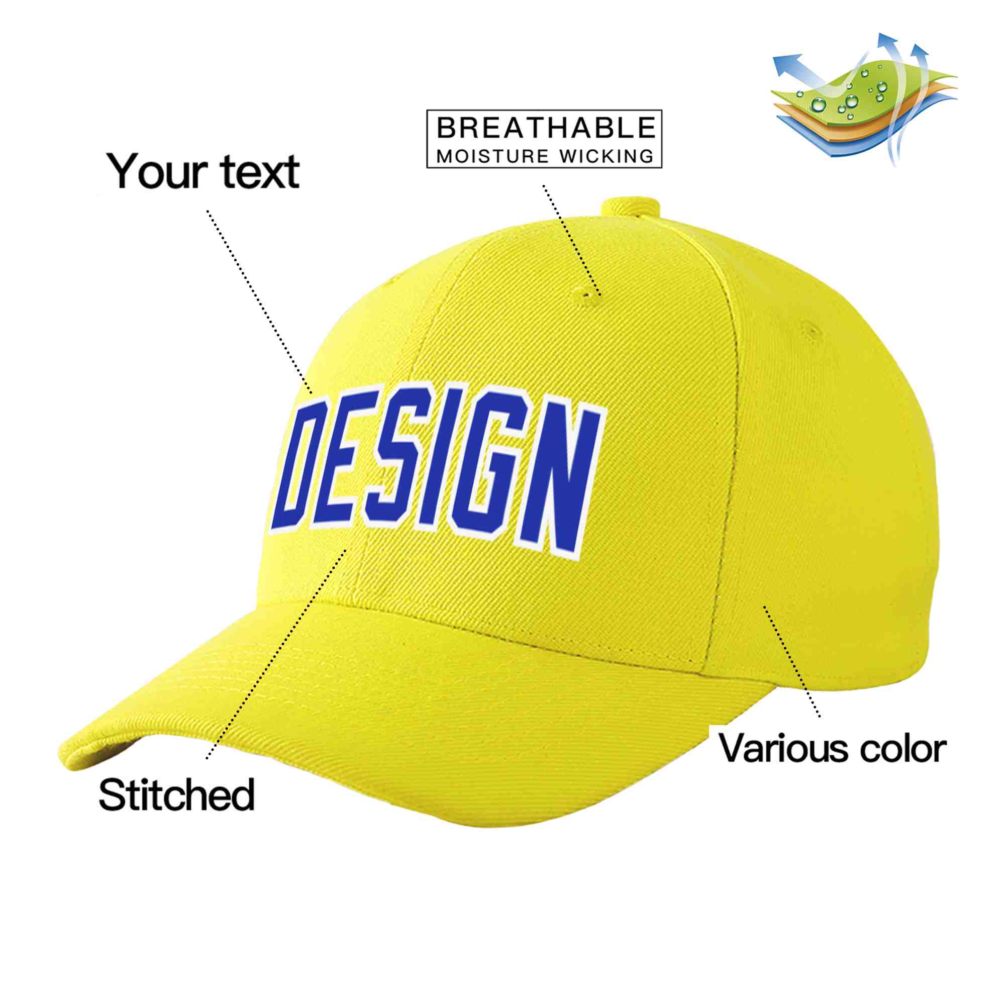 Casquette de baseball personnalisée jaune blanc-royal incurvée Eaves Sport Design