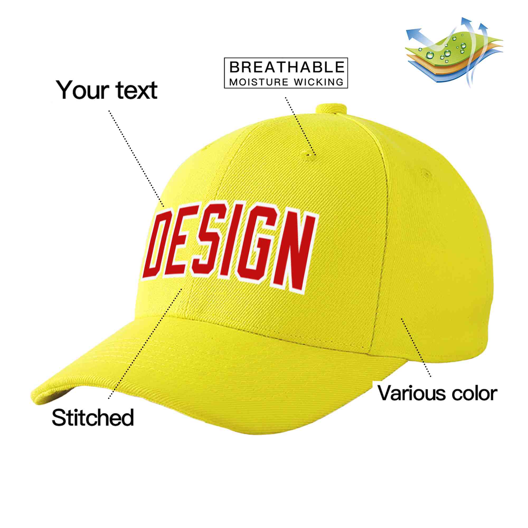 Casquette de baseball personnalisée jaune rouge-blanc avec avant-toit incurvé