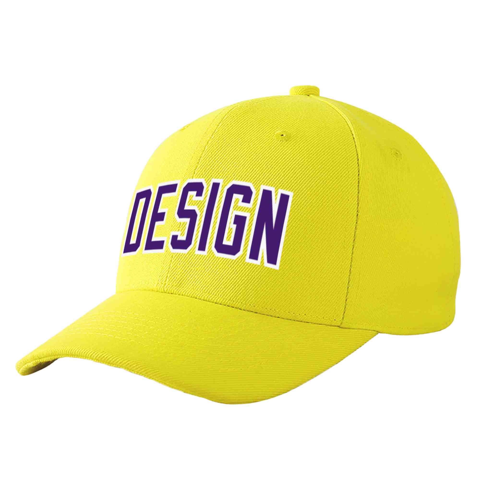 Casquette de baseball incurvée personnalisée jaune violet-blanc avec avant-toit