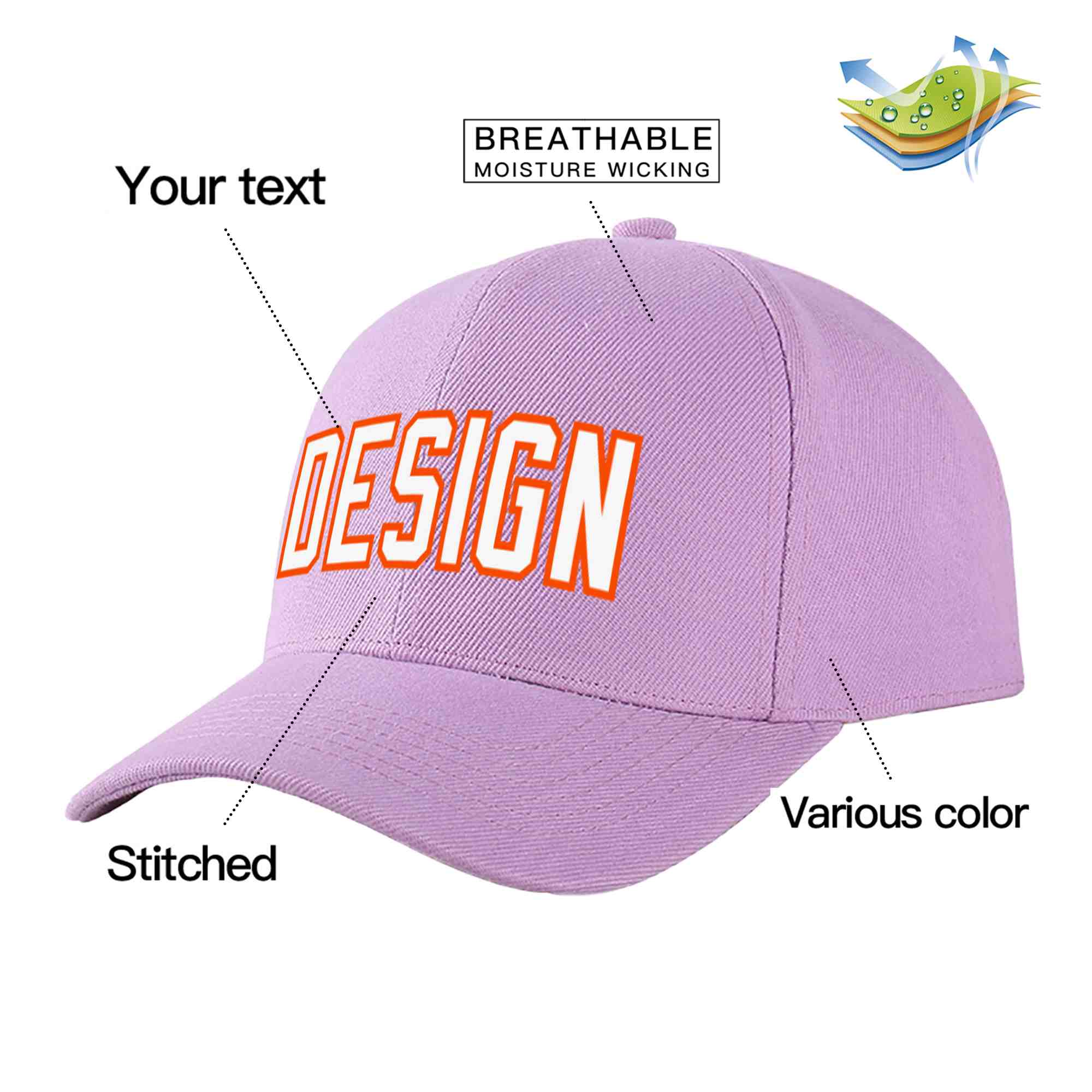 Casquette de baseball personnalisée, violet clair, blanc-orange, courbée, design sportif