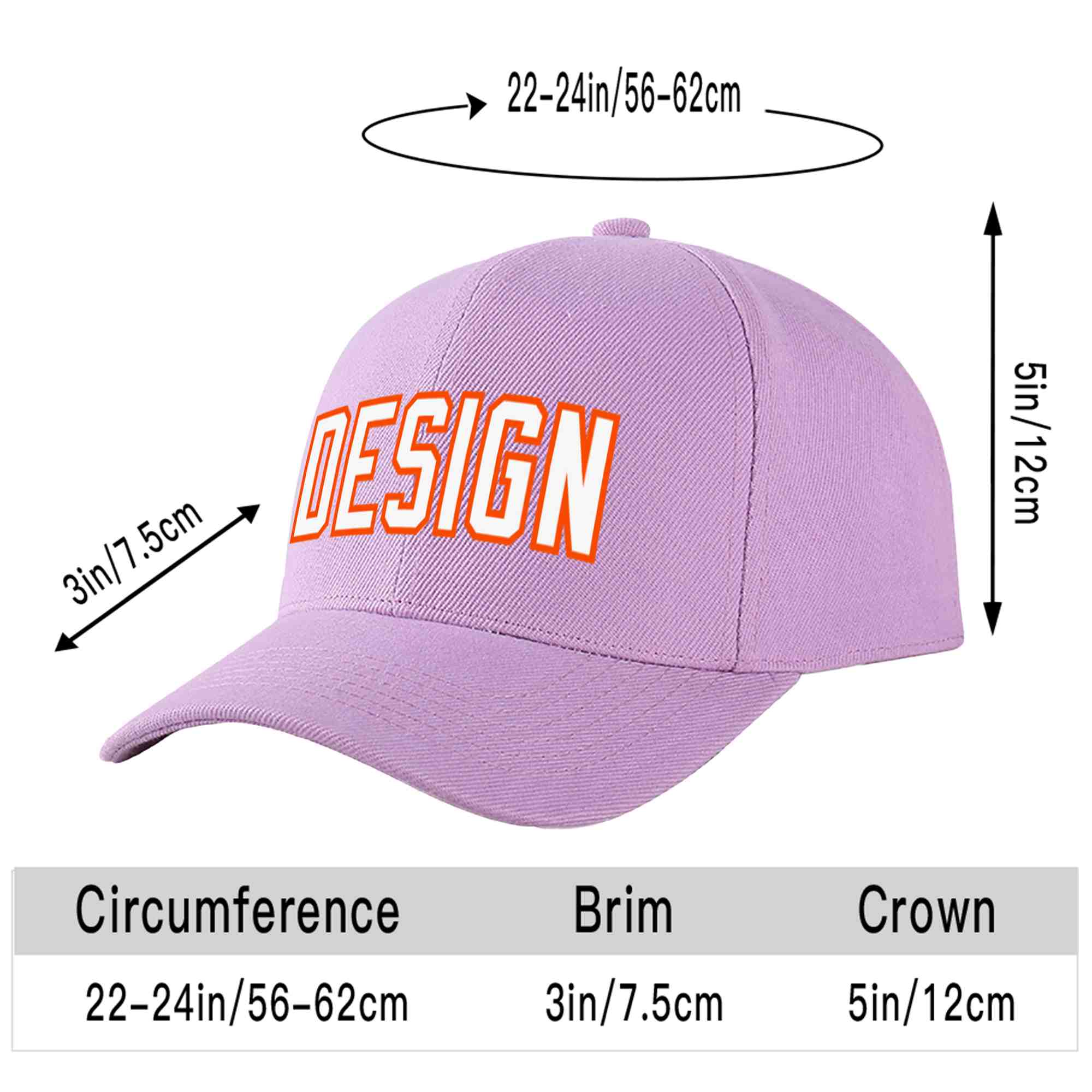 Casquette de baseball personnalisée, violet clair, blanc-orange, courbée, design sportif