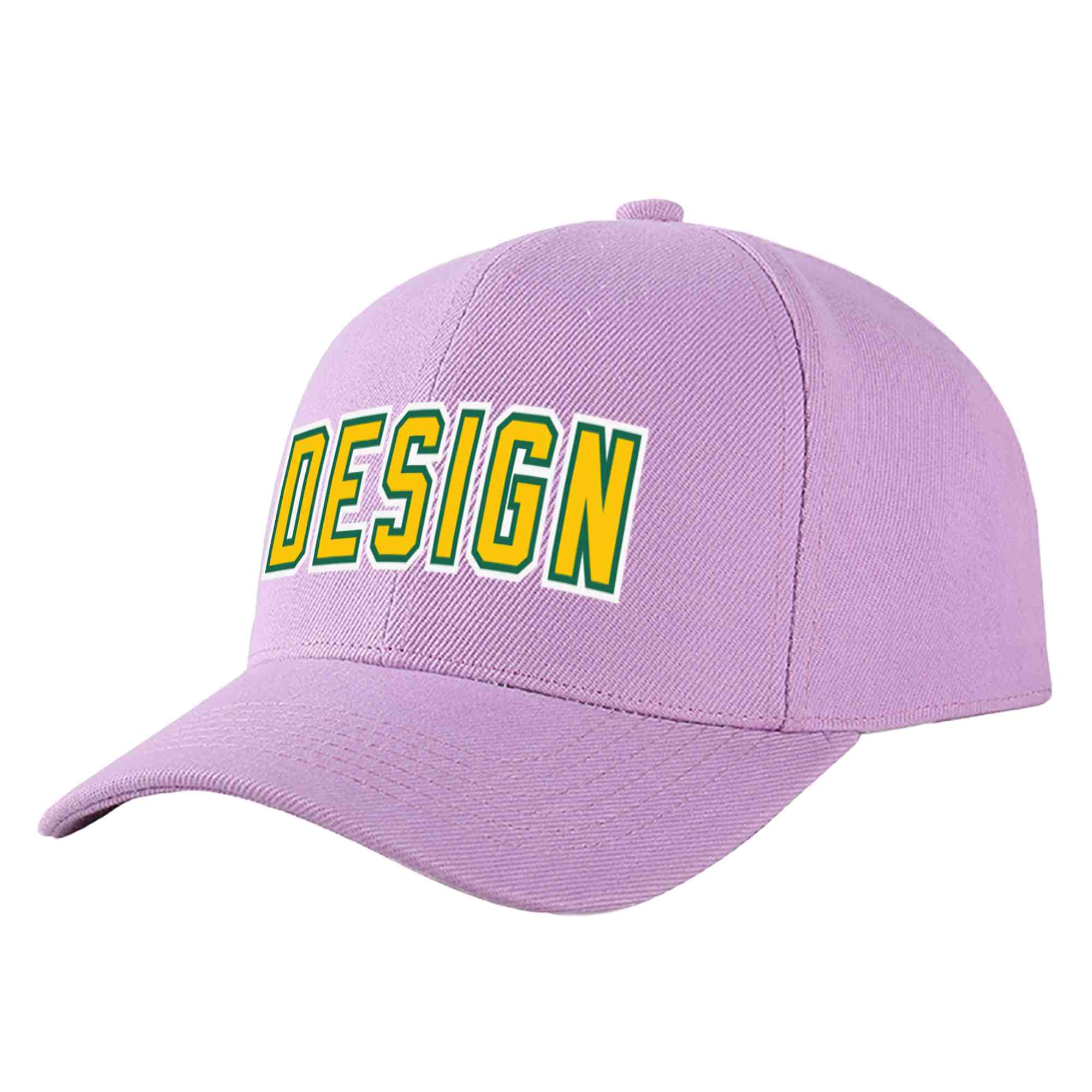 Custom Light Purple Gold-Kelly Green Curved Eaves Sport Design Baseball Cap