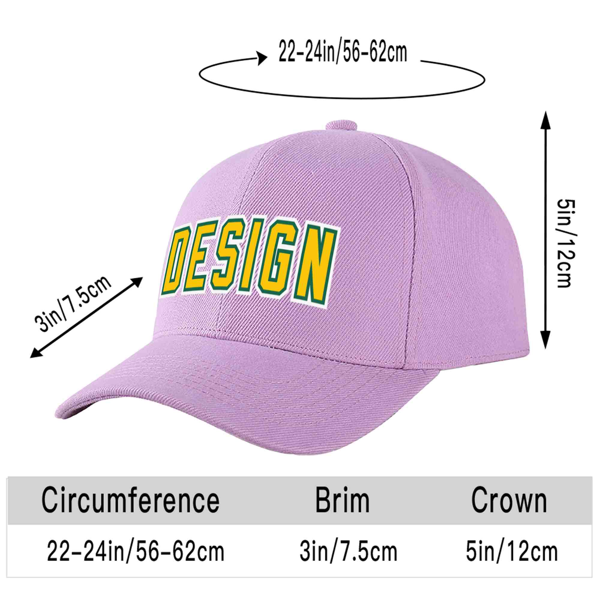 Custom Light Purple Gold-Kelly Green Curved Eaves Sport Design Baseball Cap